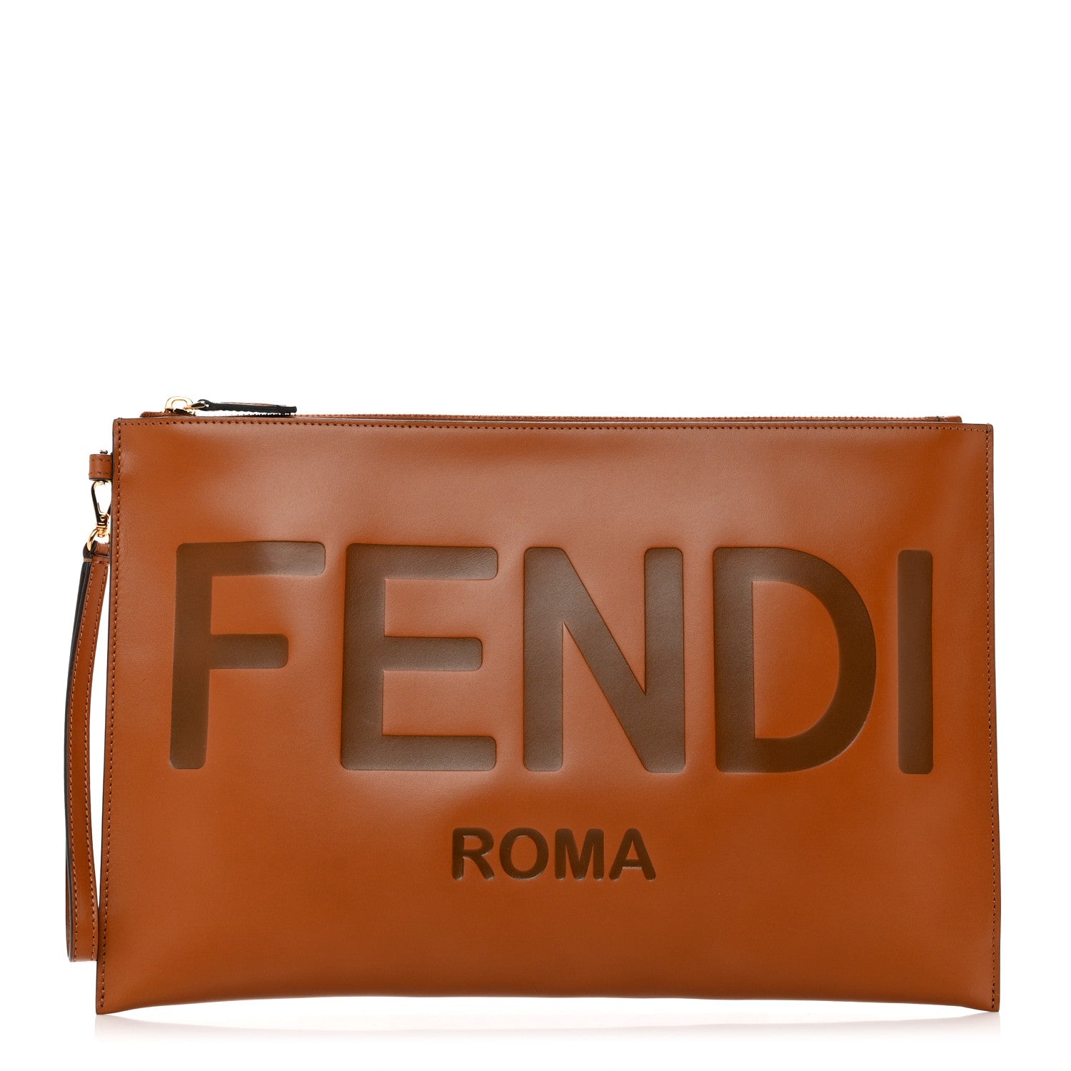 Fendi Vitello King Logo Embossed Large Flat Pouch Cuoio 1 of 7