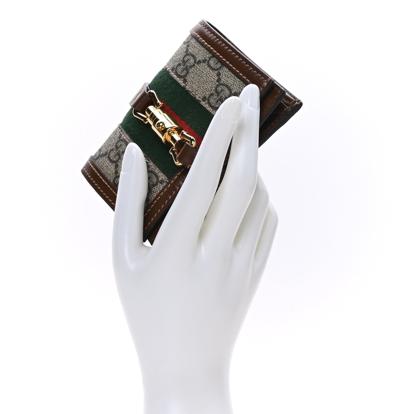 GG Supreme Monogram Textured Calfskin Web Jackie 1961 Card Case Beige Ebony Brown Sugar