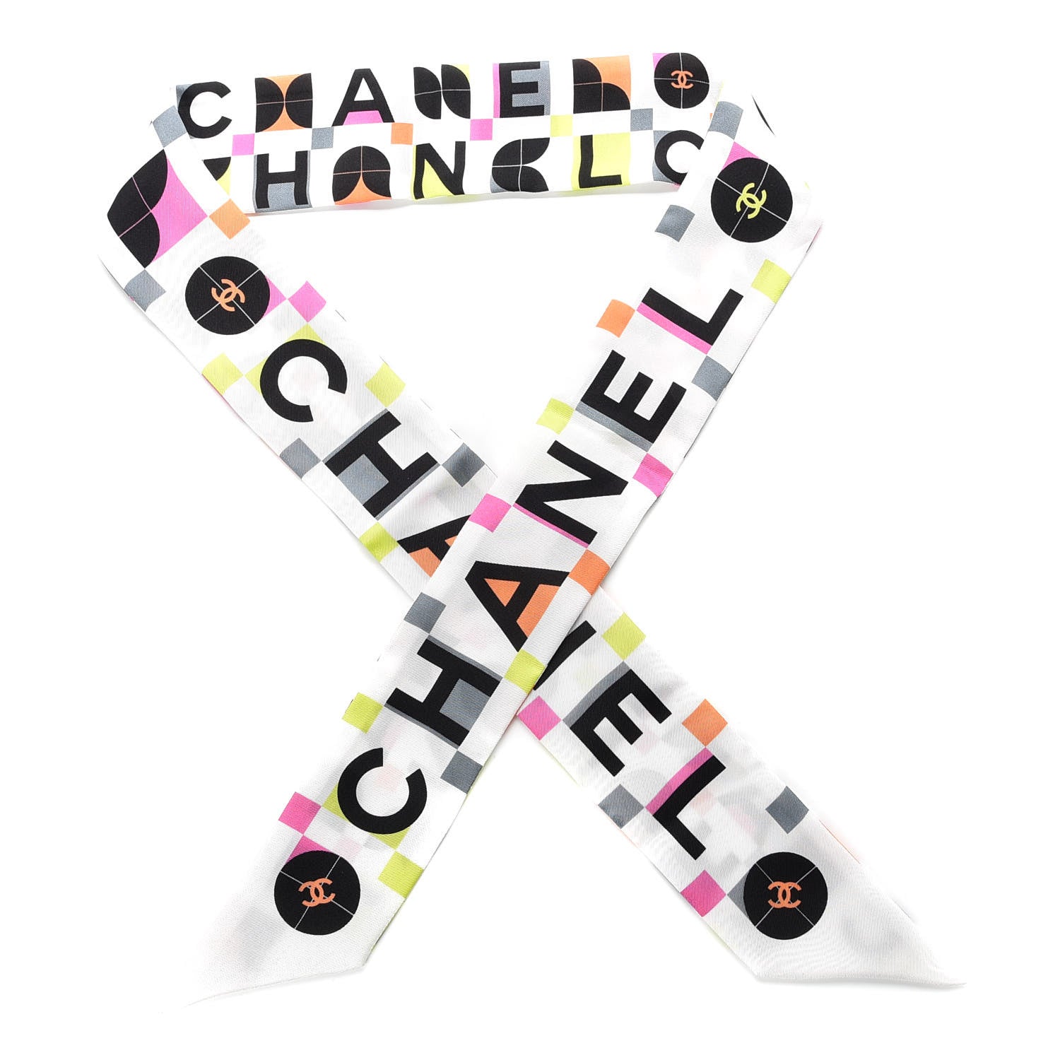 Chanel Silk Logo Slim Bandeau Scarf White Black Orange 1 of 3