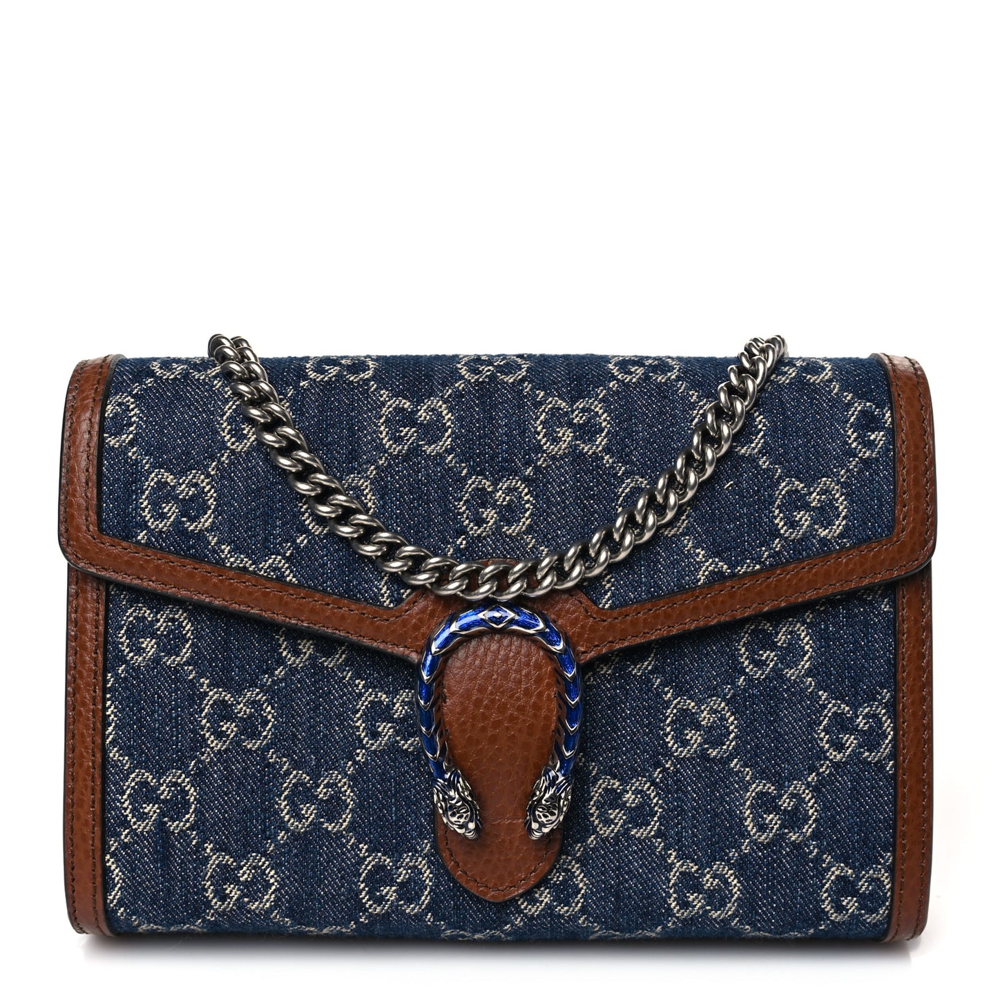 New Denim GG Monogram Dollar Calfskin Enamel Mini Dionysus Chain Wallet Blue Tea Cuir Epilog Electric Blue