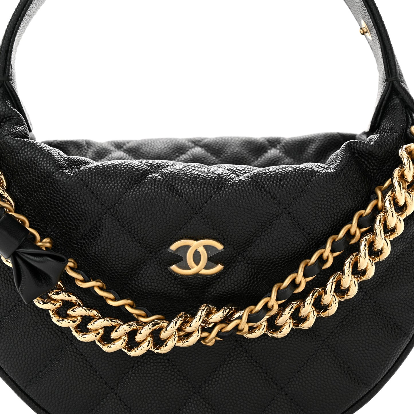 Shiny Caviar Quilted Bow Pouch Hobo Black