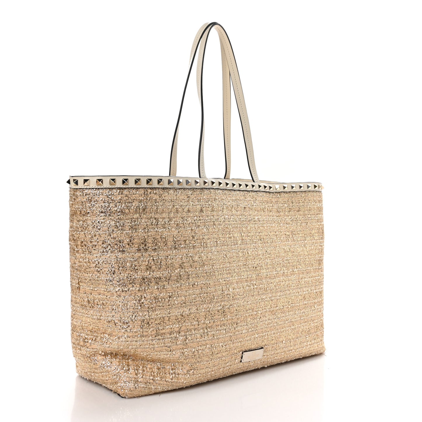 Metallic Boucle Raffia Calfskin Rockstud Shoulder Tote White Gold Ivory