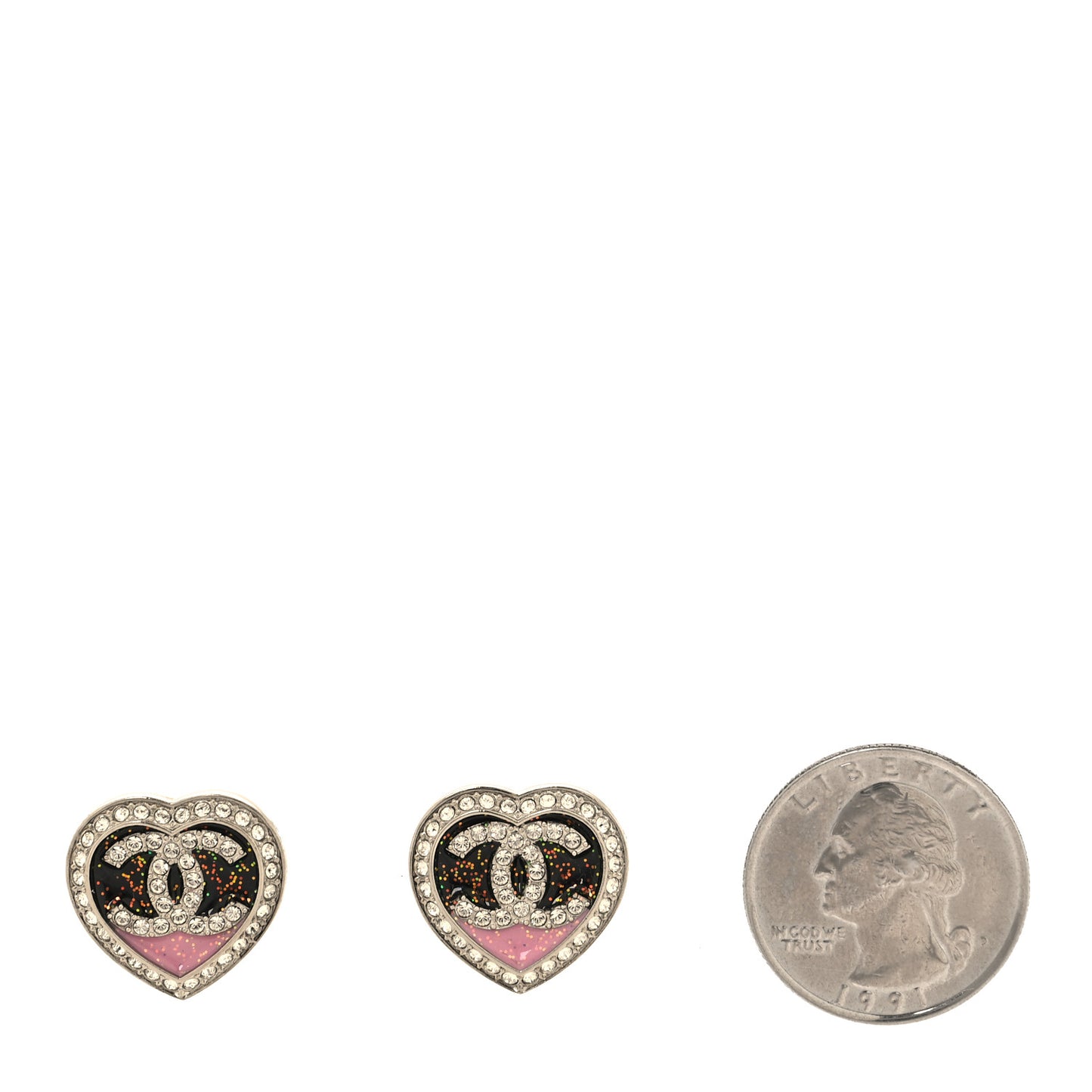 Resin Crystal Glitter CC Heart Stud Earrings Silver Black Pink