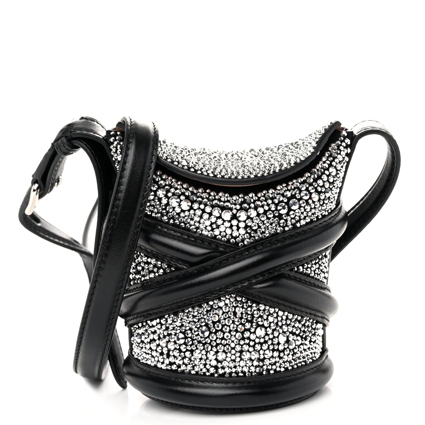 Metallic Calfskin Crystal Micro Curve Bucket Bag Black
