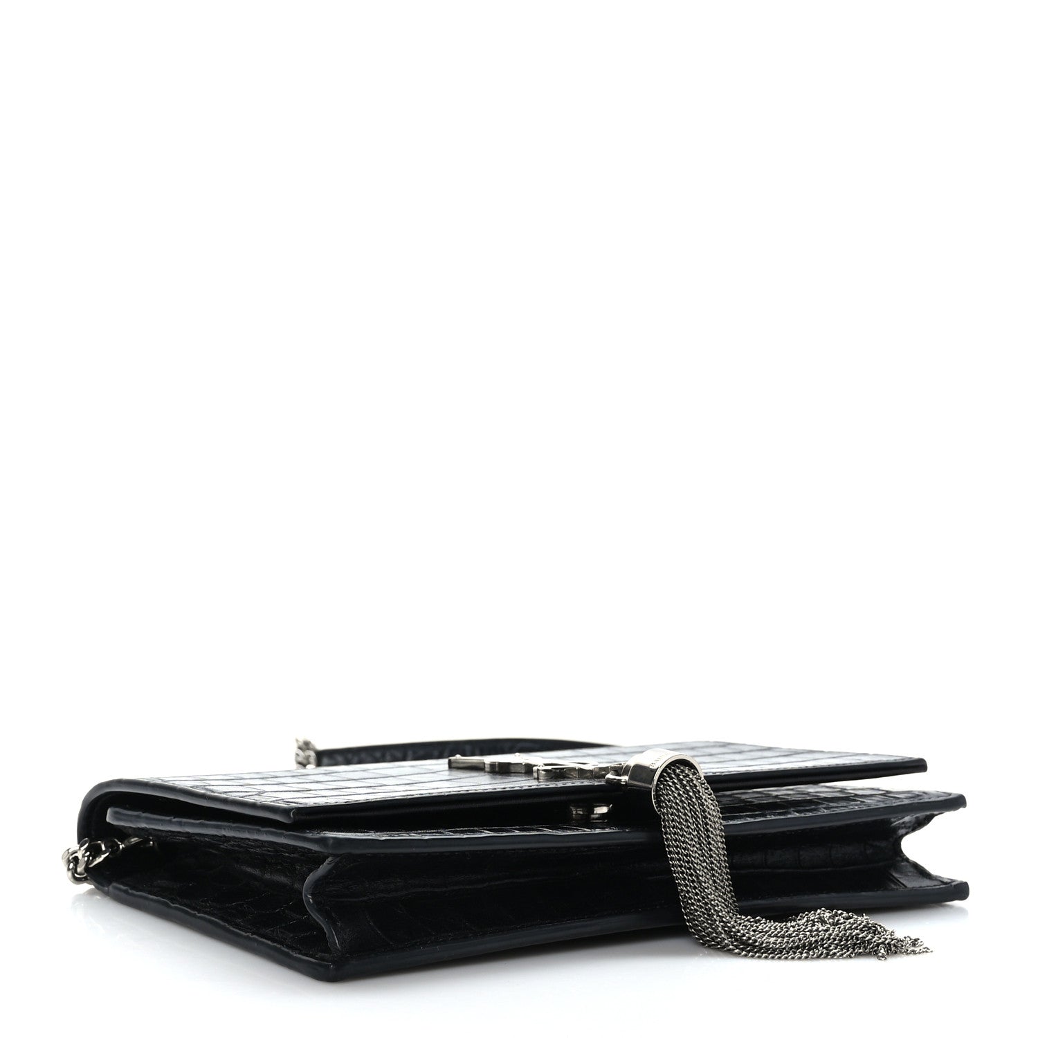 Saint Laurent Calfskin Crocodile Embossed Kate Monogram Tassel Chain Wallet Black 4 of 8