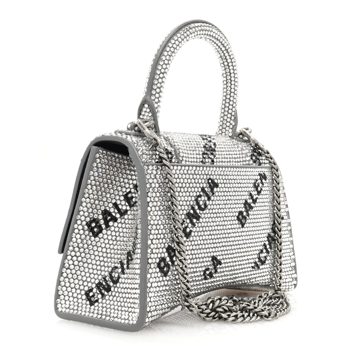 Strass Suede Allover Logo Hourglass Top Handle Bag XS with Chain Silver Black