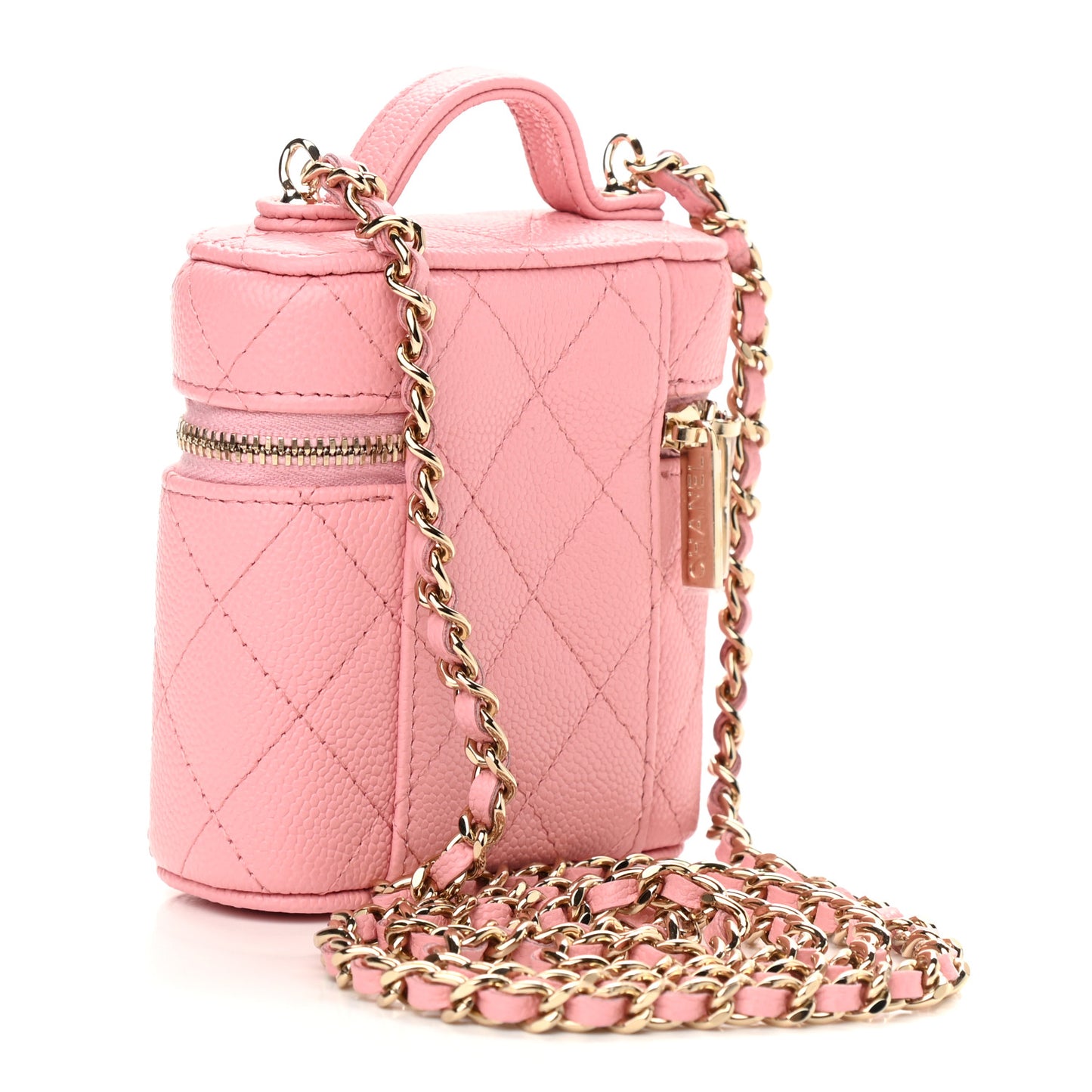 Caviar Quilted Small Handle With Care Vanity Case With Chain Pink