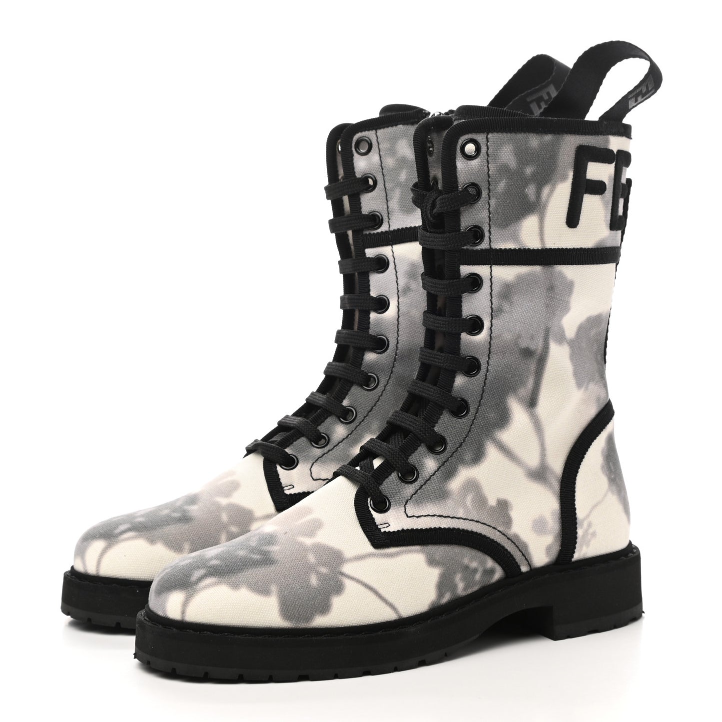 Canvas Floral Print Logo Bi-Color Womens Biker Boots White Black