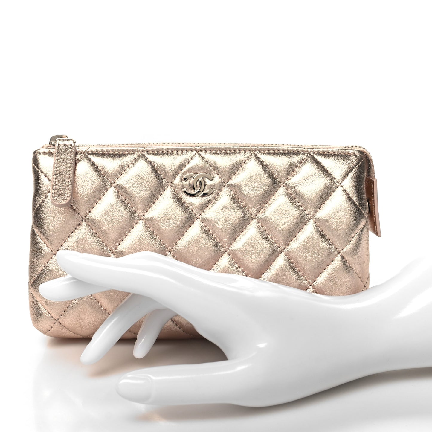 Metallic Lambskin Quilted Cosmetic Pouch Gold