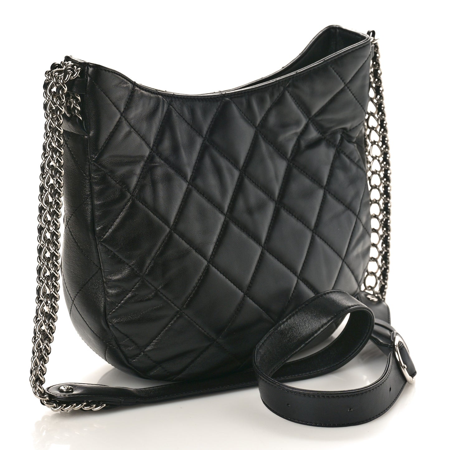 Lambskin Chain Rows Quilted Chain Hobo Black