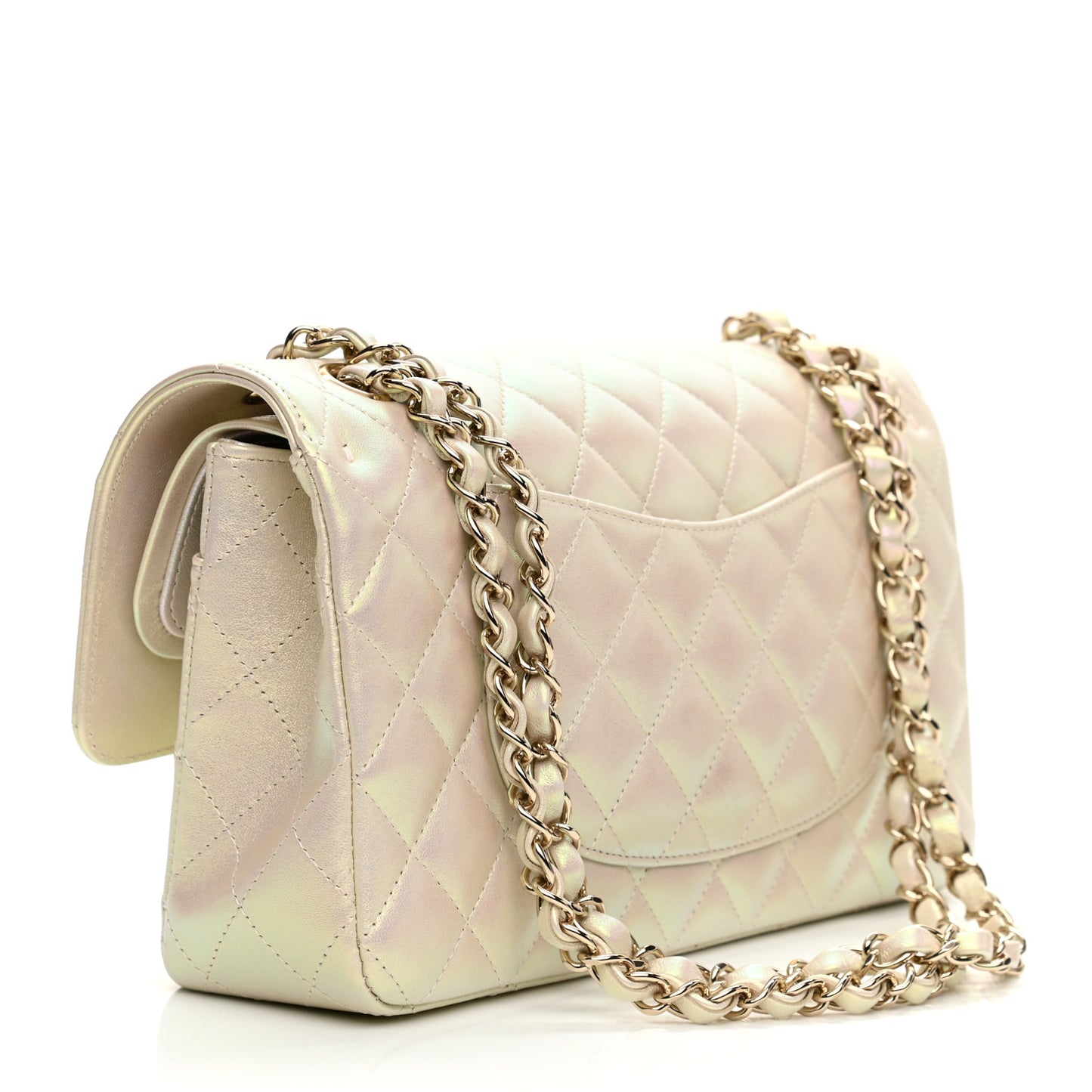 Iridescent Lambskin Quilted Medium Double Flap Ivory