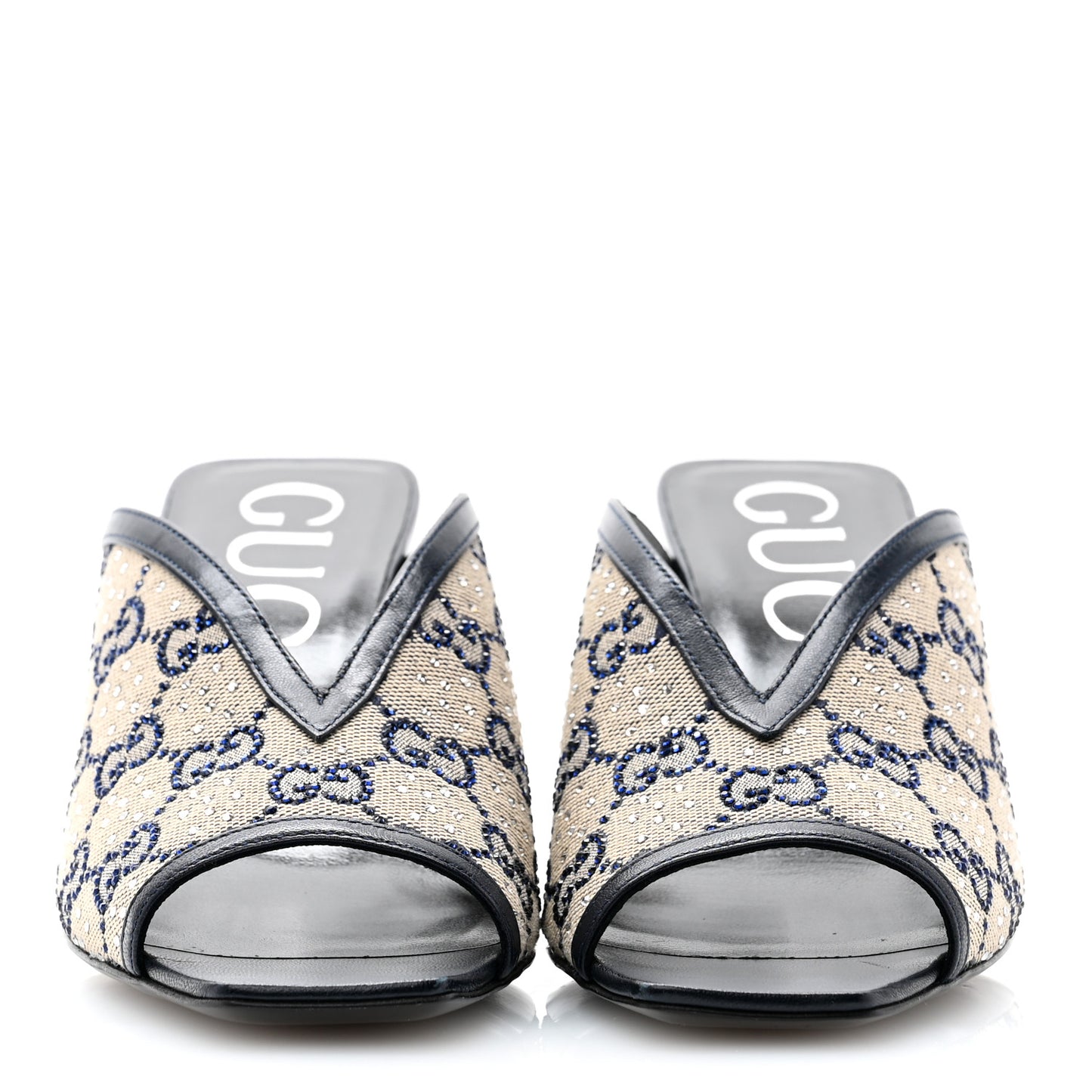 New Canvas Malaga Kid Crystal GG Monogram Square G 95mm Slide Sandals 36.5 Beige Blue