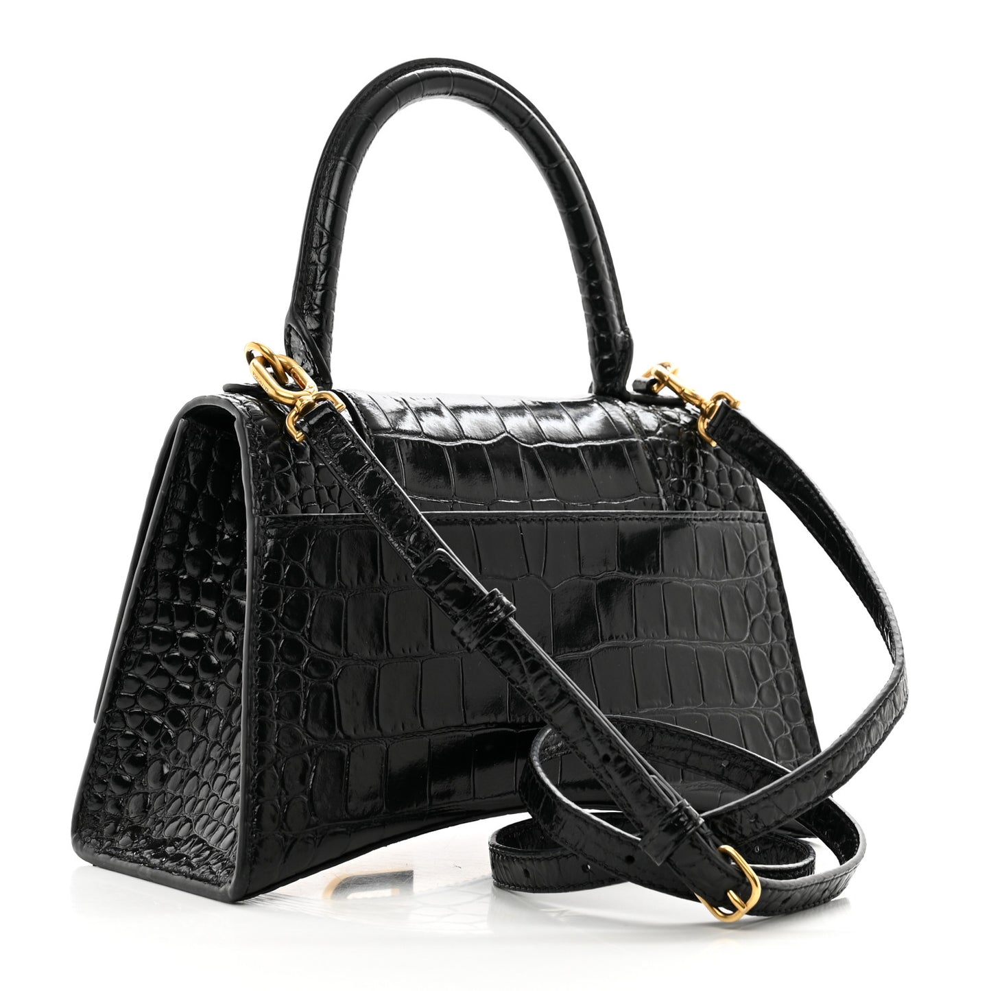 Shiny Calfskin Crocodile Embossed Small Hourglass Top Handle Bag Black
