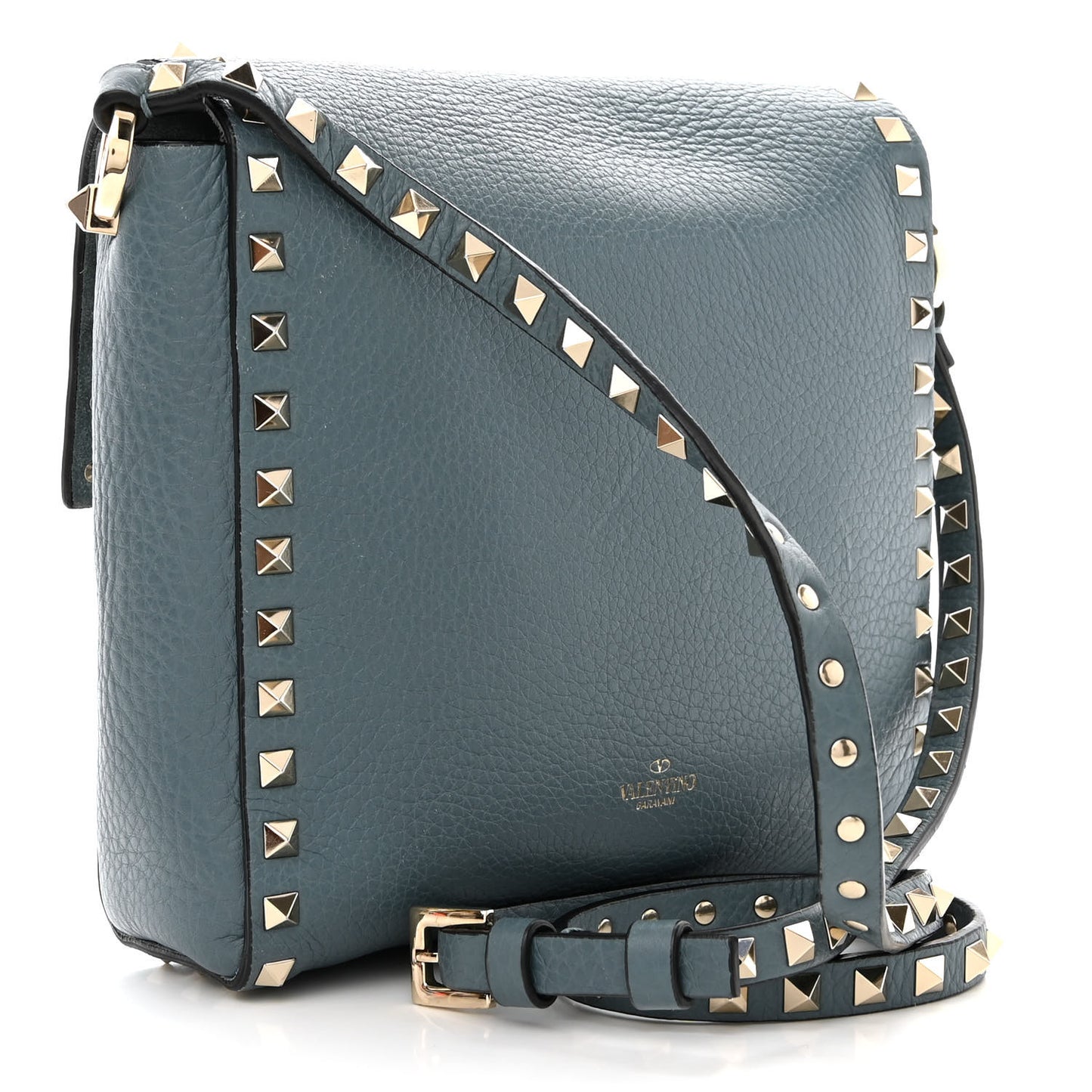 Pebbled Calfskin Rockstud Flip Lock Flap Messenger Bag Amadeus