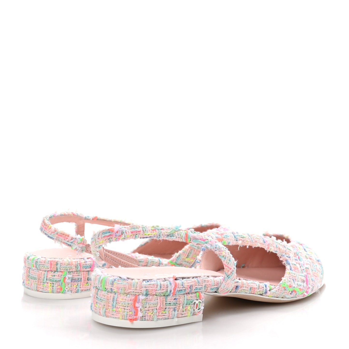 Tweed Patent Cap Toe Slingback Flats 38.5 Multicolor White