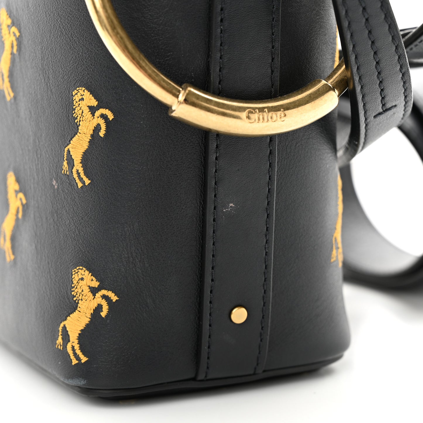 Smooth Calfskin Little Horses Embroidered Mini Roy Bucket Bag Full Blue