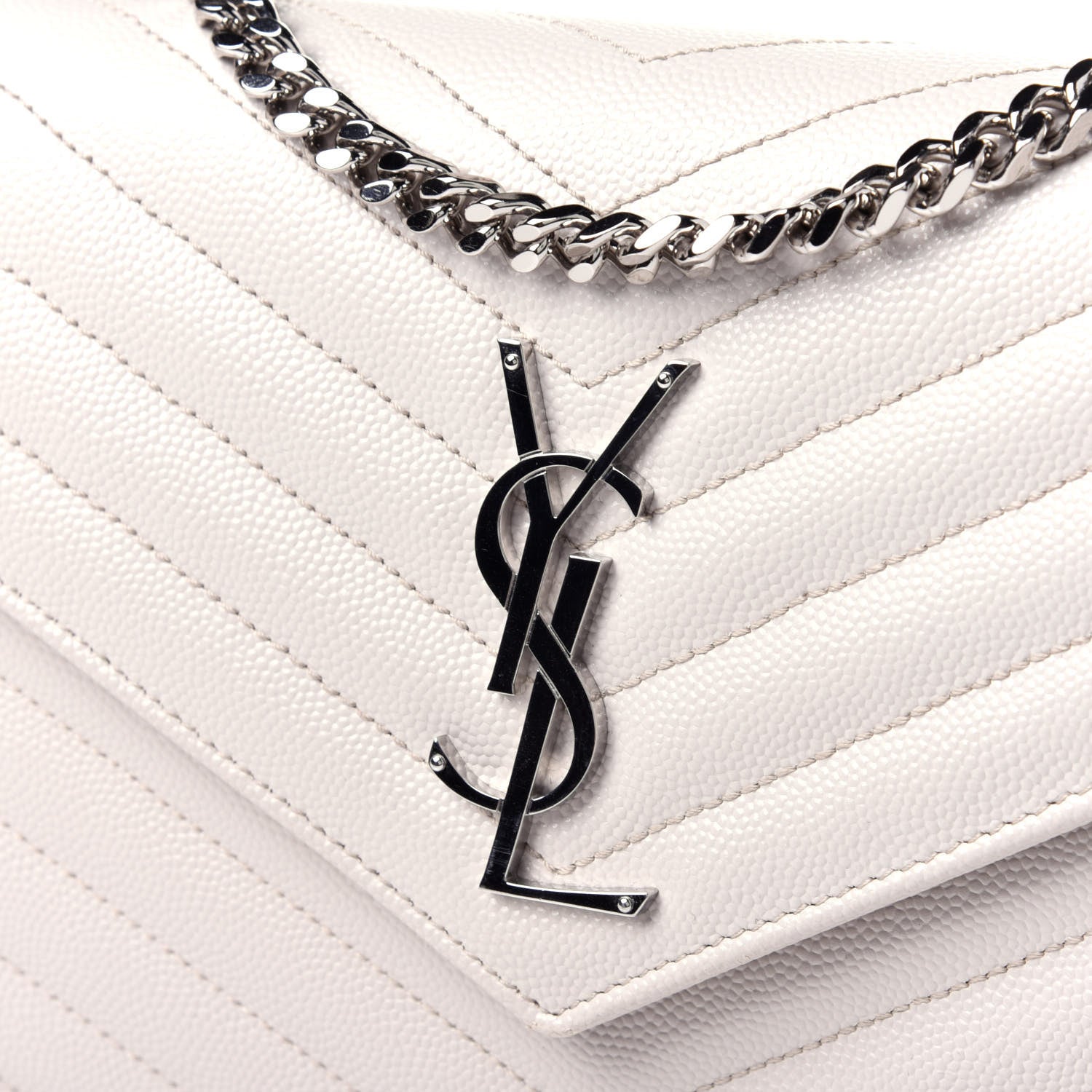 Saint Laurent Grain De Poudre Matelasse Chevron Monogram Chain Wallet Cream 9 of 12