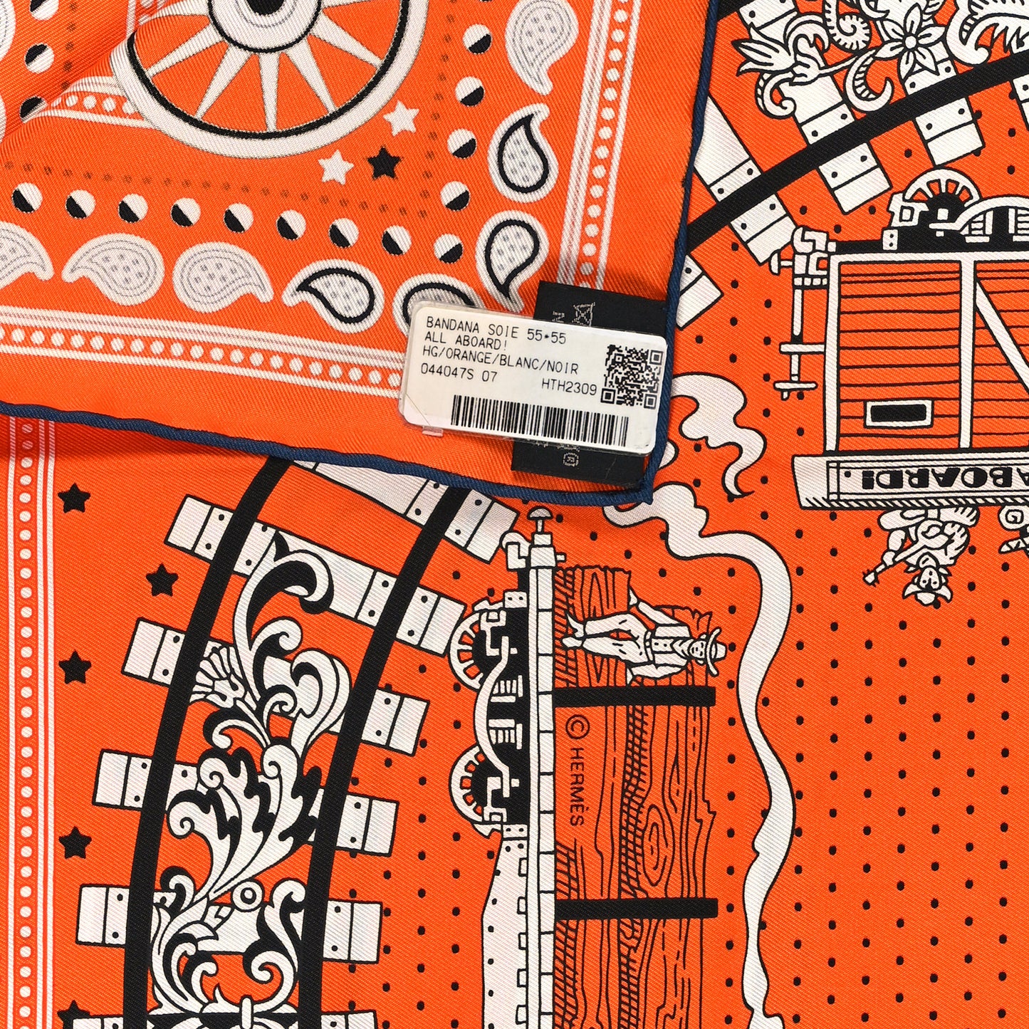 Silk All Aboard Bandana Scarf 55 Orange White Black