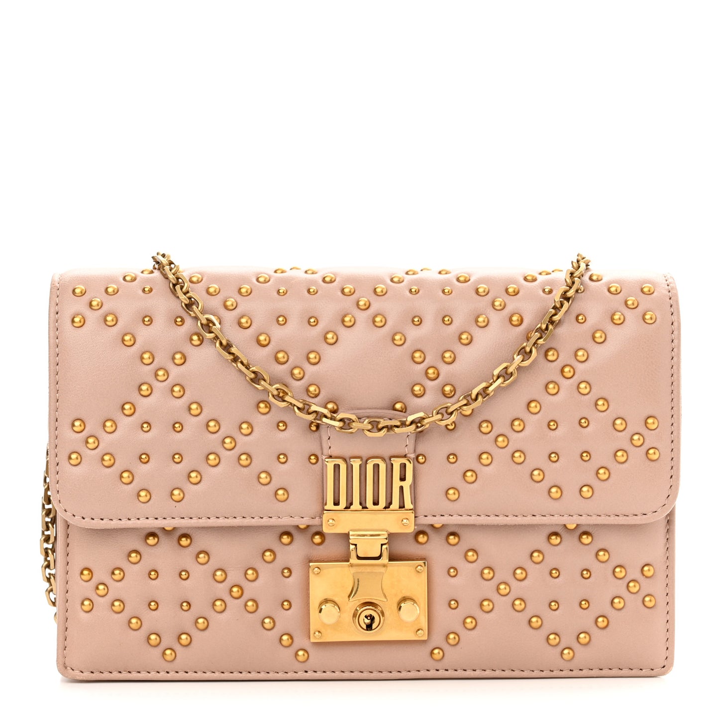 Lambskin Cannage Studded Dioraddict Wallet on Chain Clutch Nude