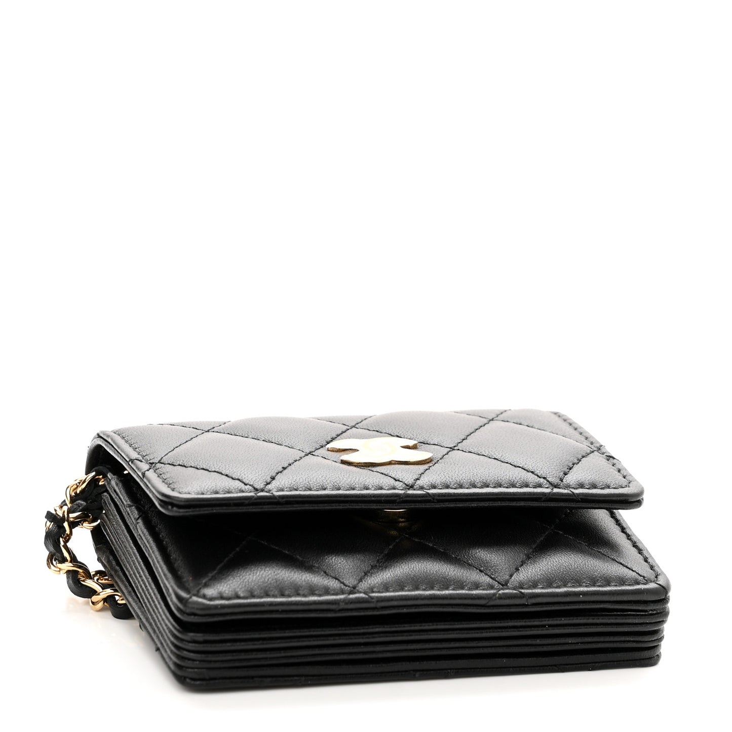 Lambskin Quilted Flap Card Holder With Cuff Black
