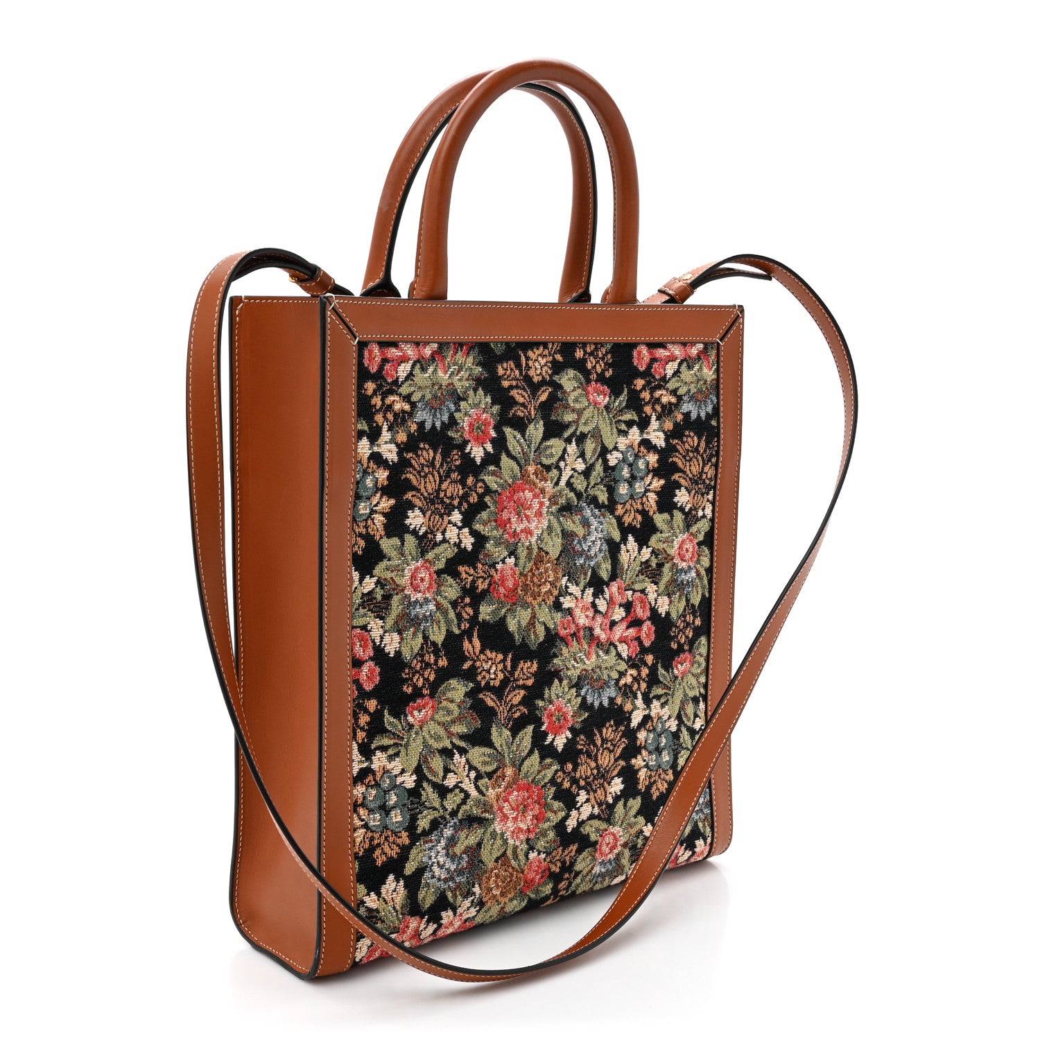 Celine Canvas Calfskin Jacquard Floral Small Vertical Cabas Black Tan 3 of 14