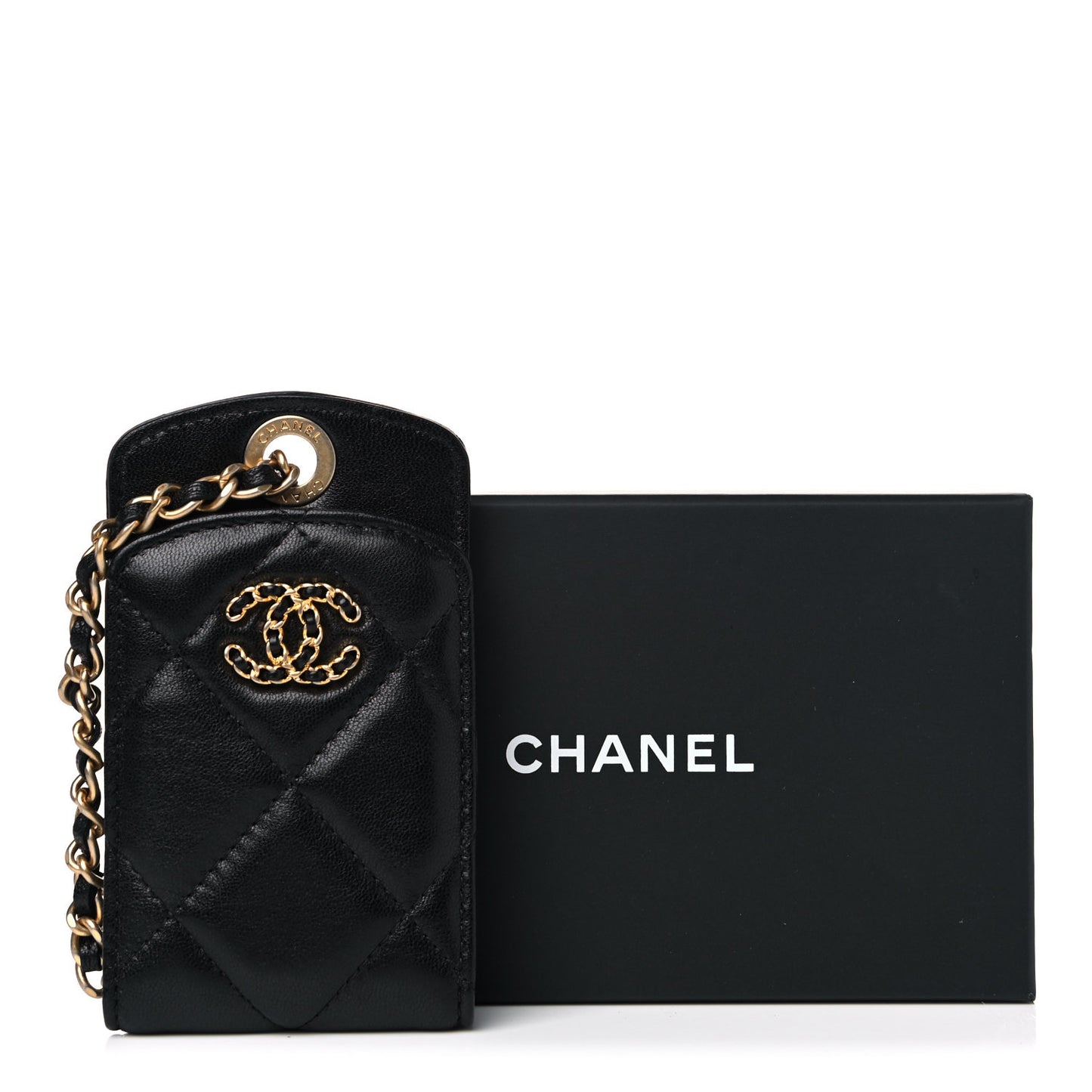 Lambskin Quilted Chanel 19 Luggage Tag Black