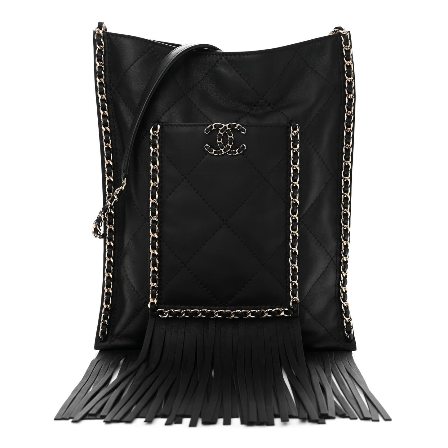 Calfskin Quilted Fringe Small Shopping Bag Black