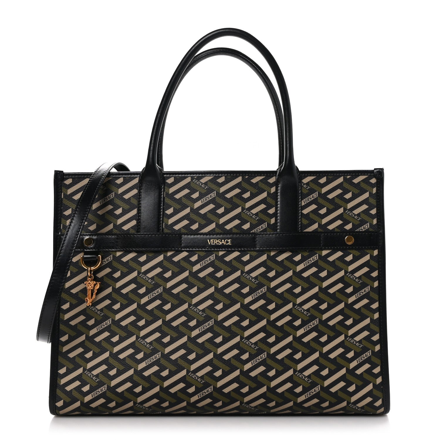 Versace Coated Canvas Calfskin La Greca Signature Tote Bag Black Khaki 1 of 9