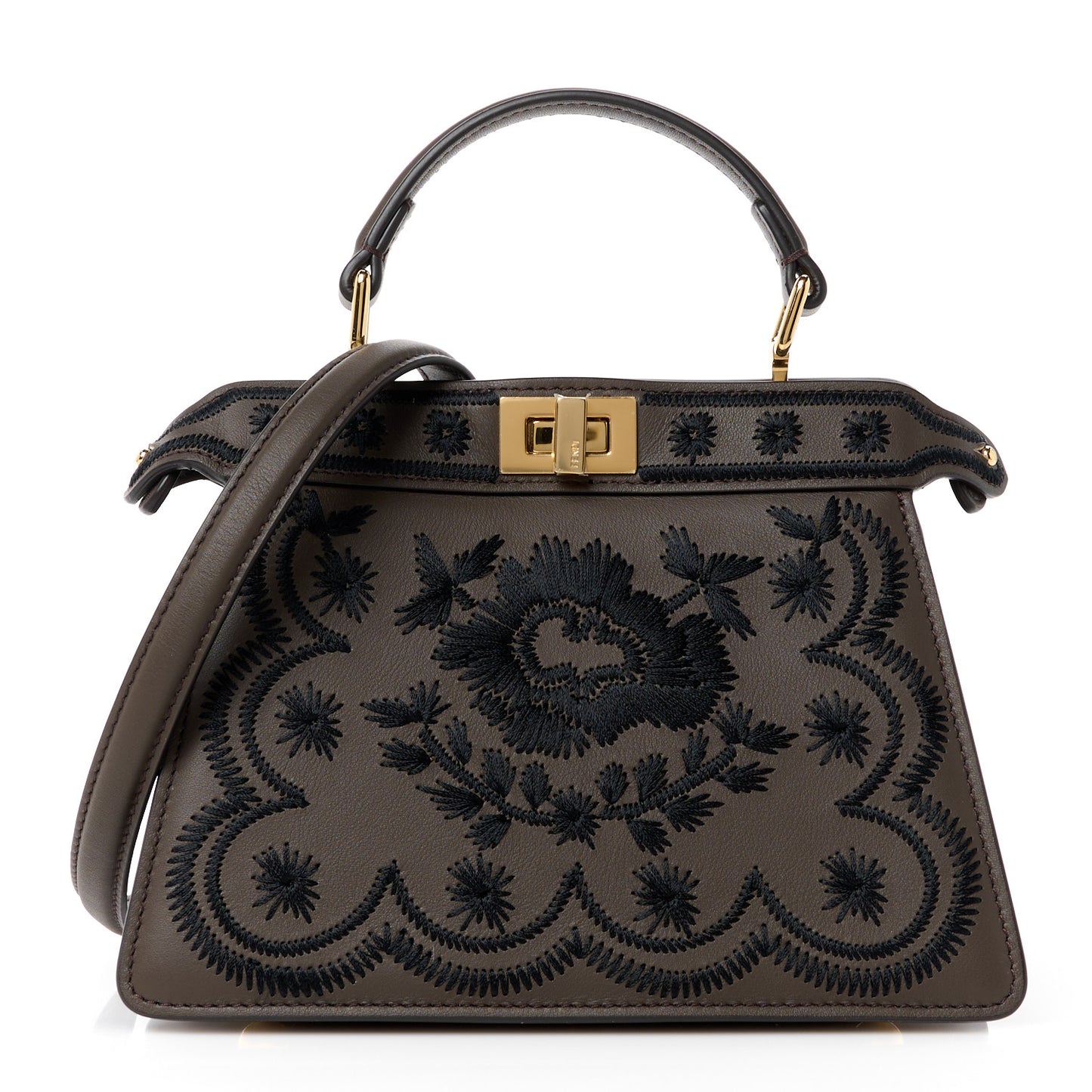 Vitello Seta Shiny Nappa Floral Embroidered Petite Peekaboo I SEE U Satchel Carbone Black