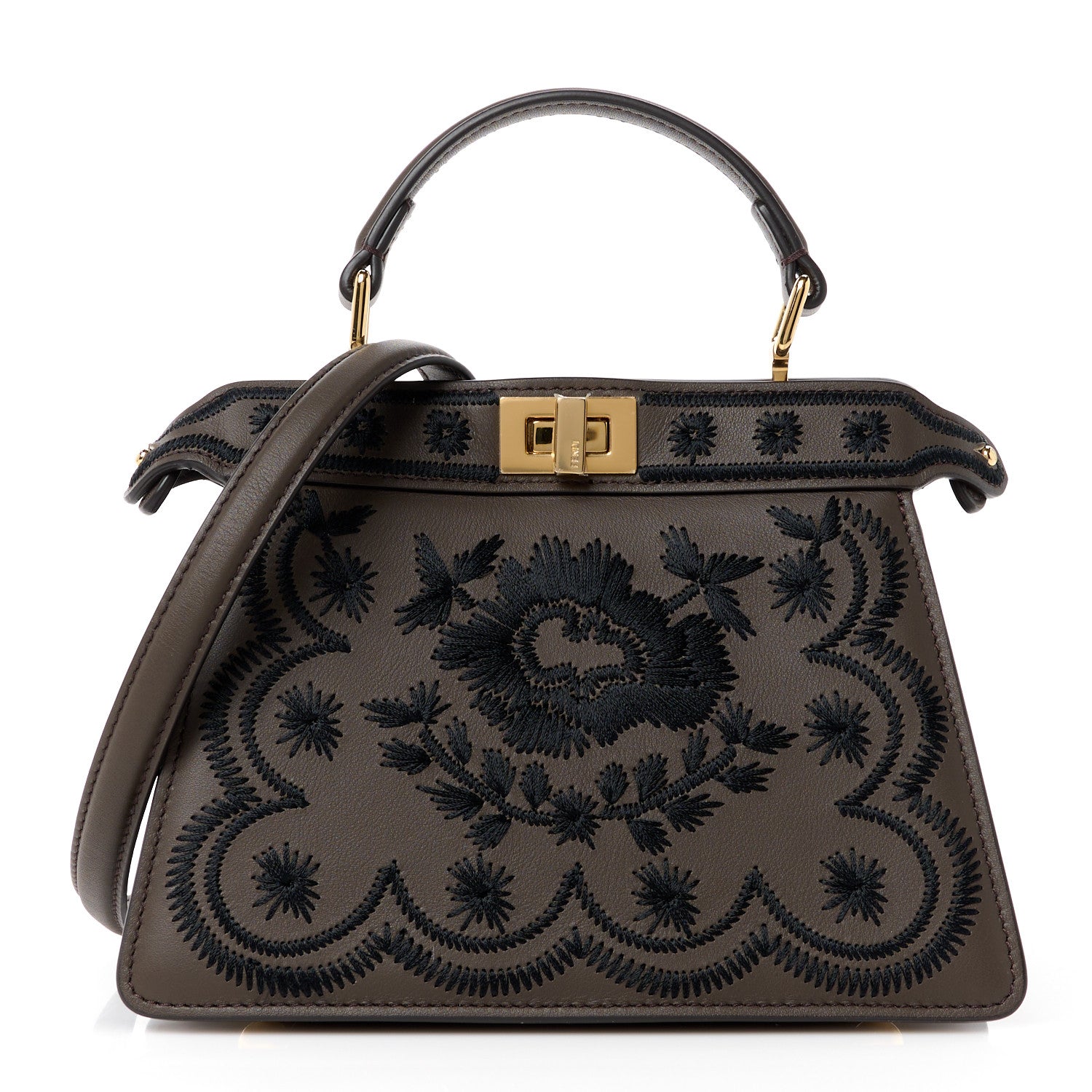 Fendi Vitello Seta Shiny Nappa Floral Embroidered Petite Peekaboo I SEE U Satchel Carbone Black 1 of 14