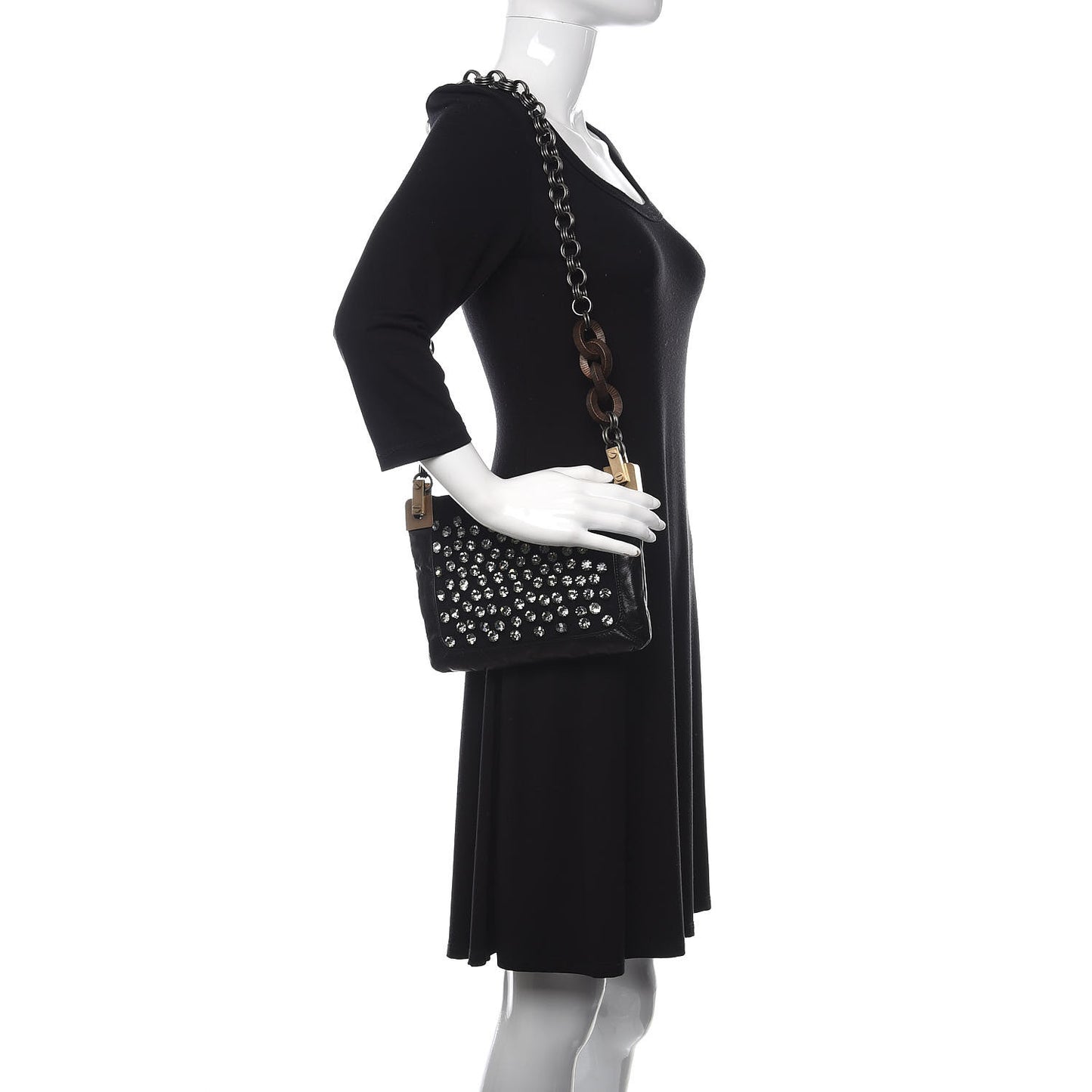 Glazed Calfskin Felt Crystal Embellished Ketu Sac Chain Shoulder Bag Black