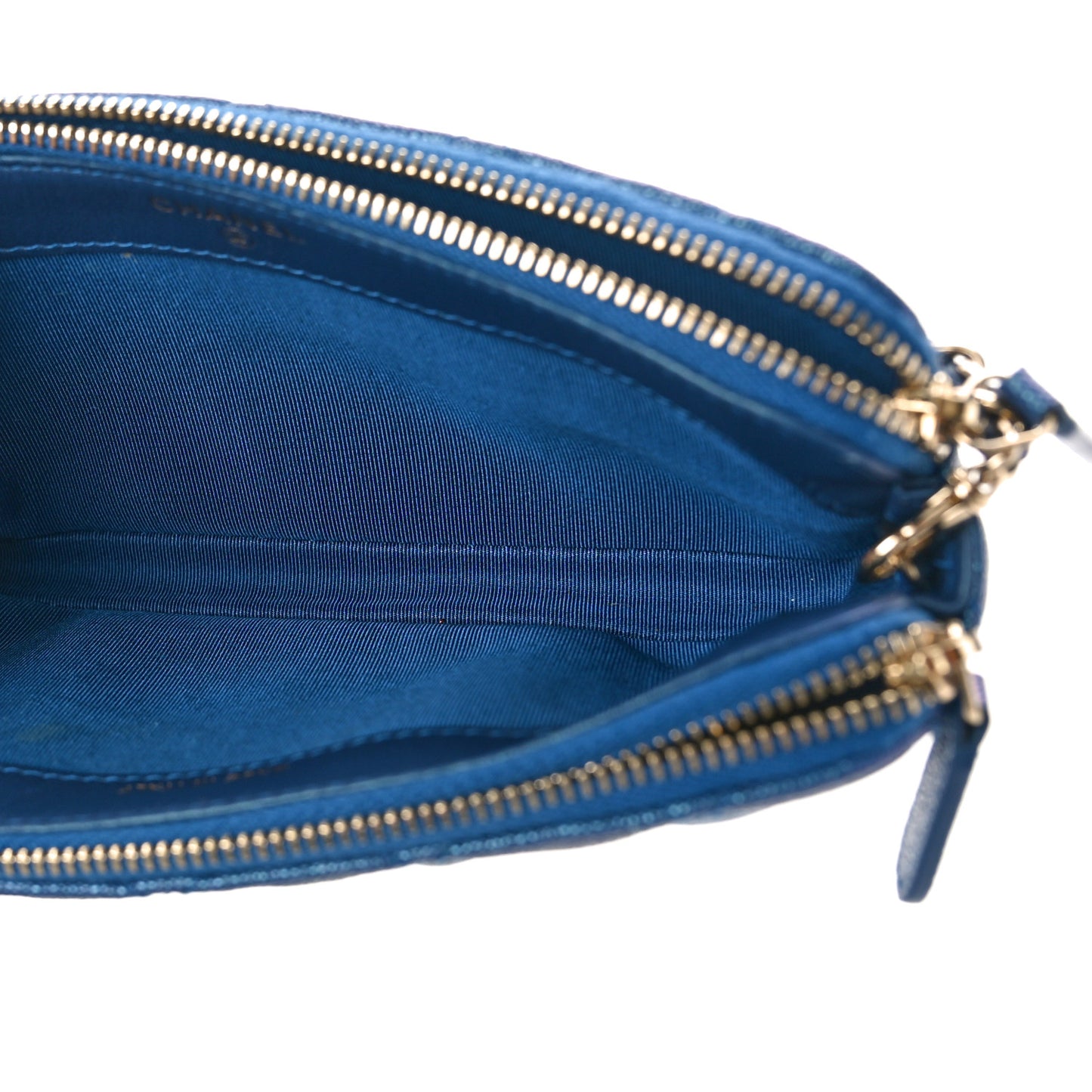 Iridescent Caviar Quilted Clutch With Chain Dark Blue