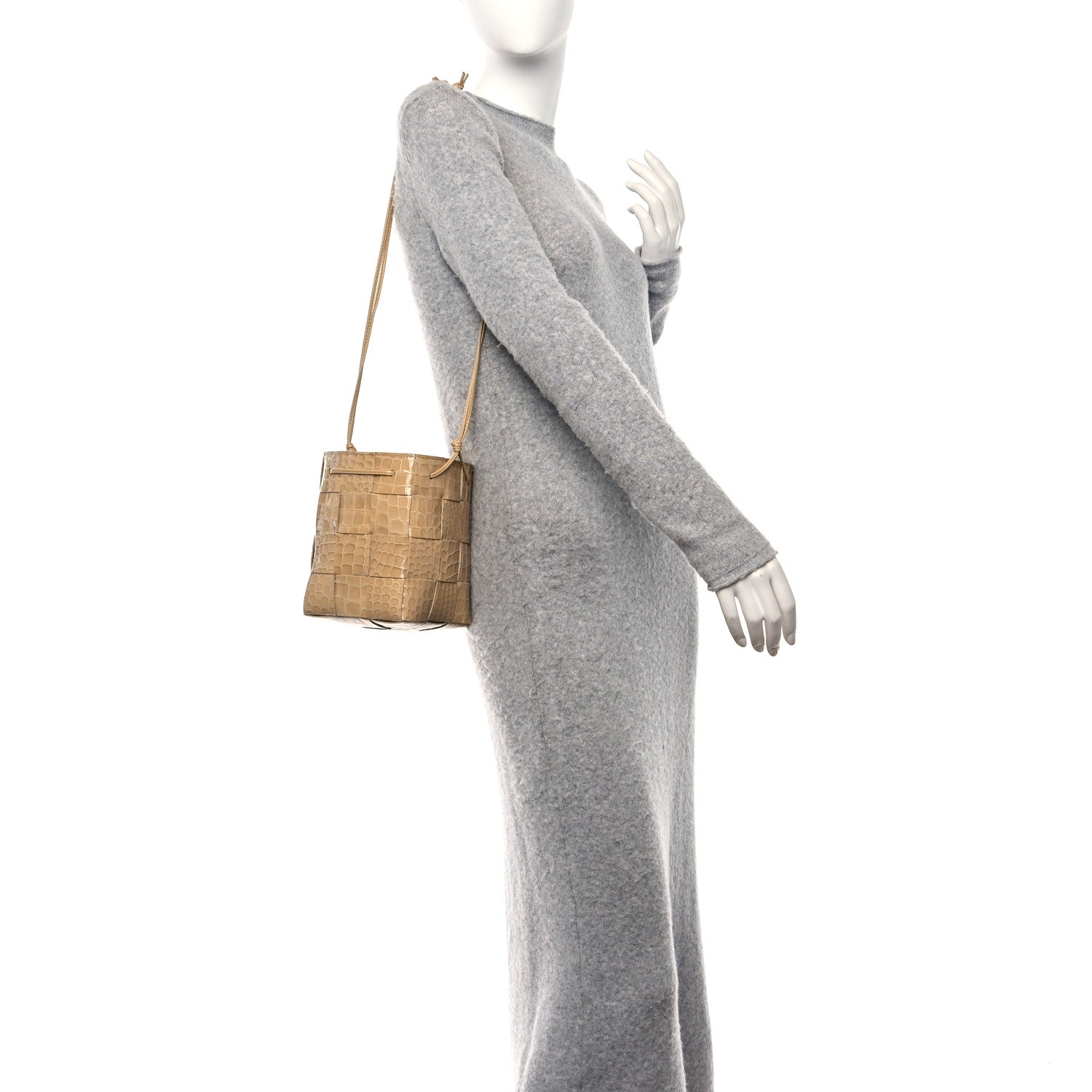 Bottega Veneta Intreccio Mini Gloss Croc Crossbody Bucket Bag Praline 2 of 9