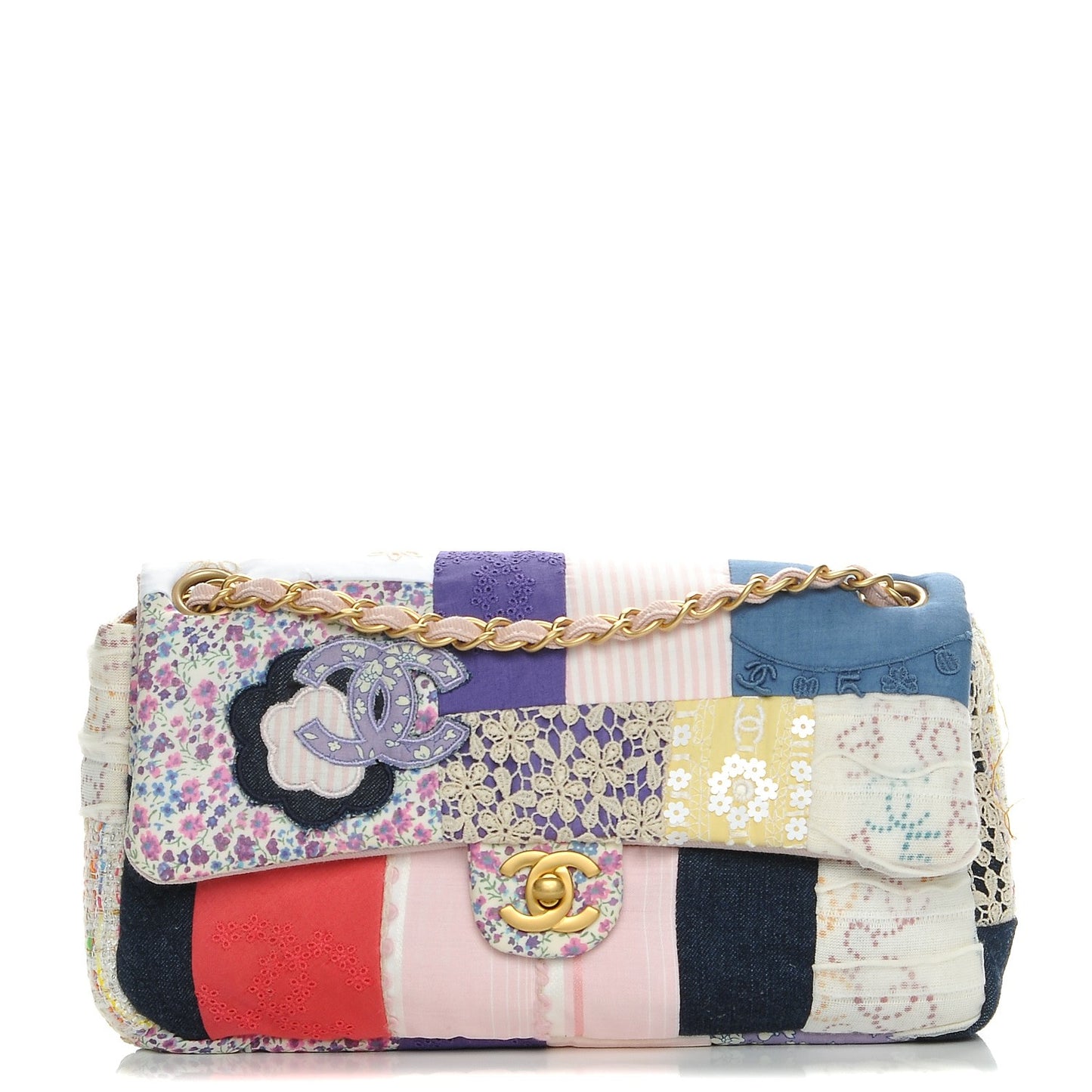 Fabric Patchwork Medium Flap Bag Pink