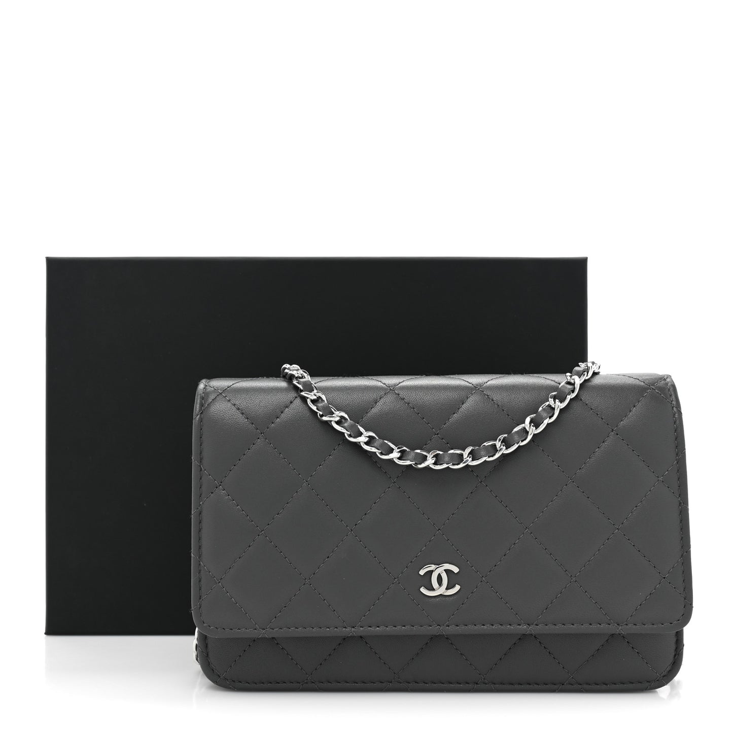 Lambskin Quilted Wallet On Chain WOC Grey