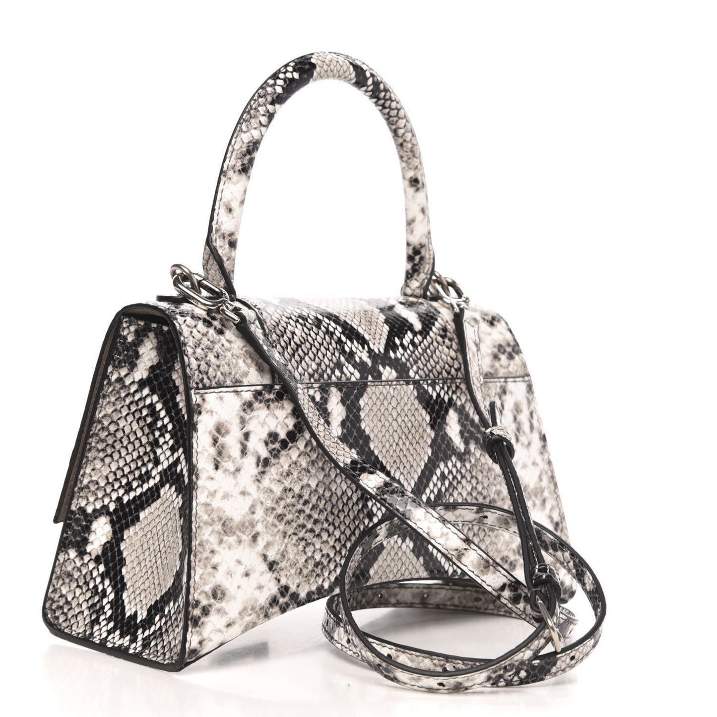 Shiny Calfskin Python Effect Small Hourglass Top Handle Bag Black White