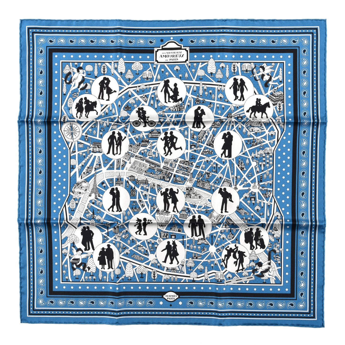 Silk Les Nouveaux Amoureux de Paris Bandana Scarf 55 Bleu Canard Black Gris