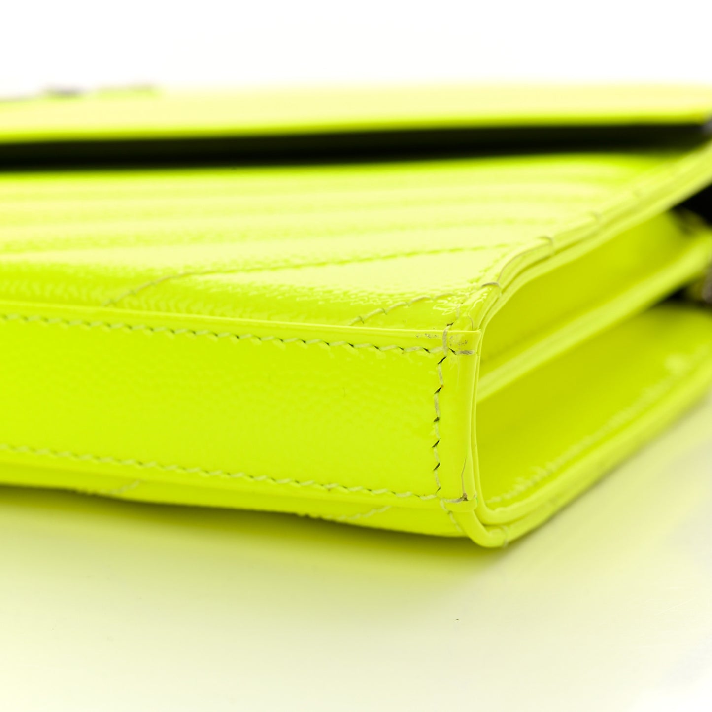 Patent Grain De Poudre Matelasse Chevron Monogram Chain Wallet Neon Yellow