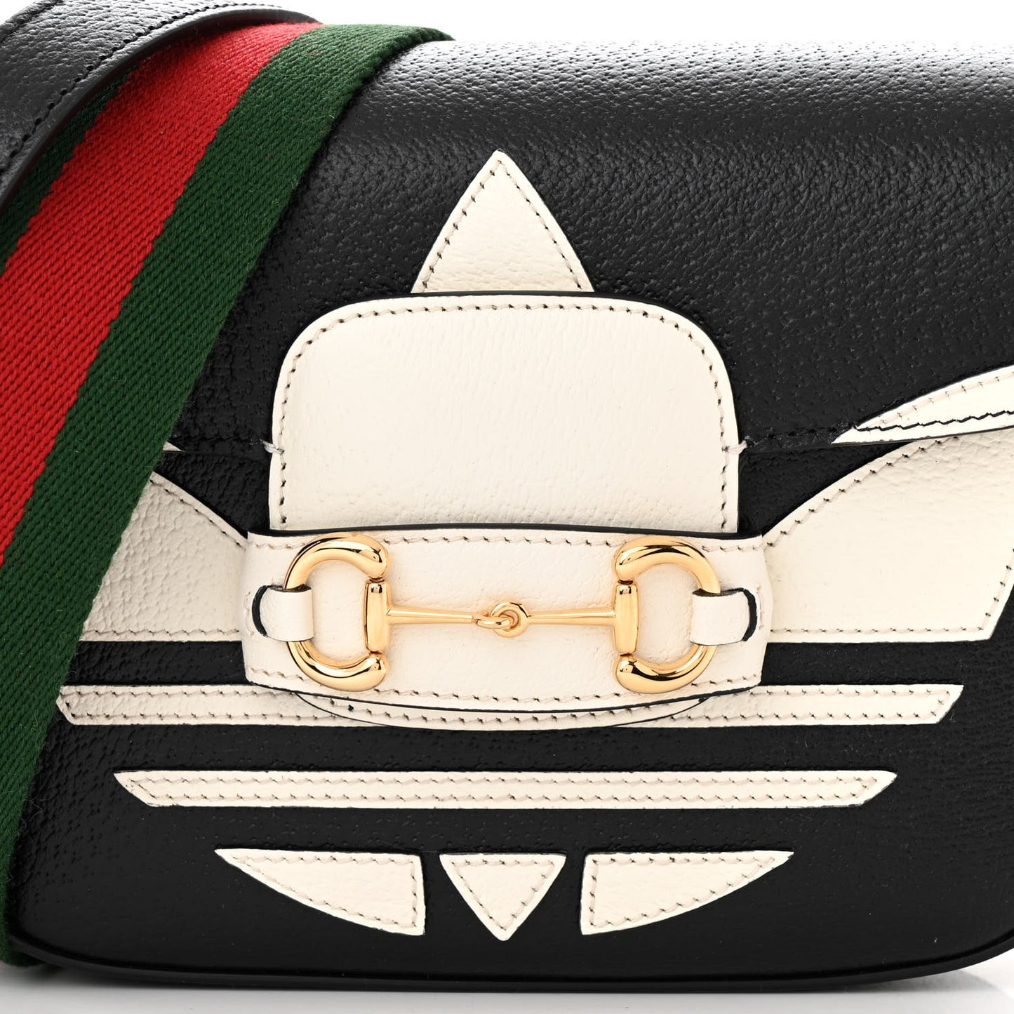 X ADIDAS Textured Dollar Calfskin Web Trefoil Mini Horsebit 1955 Shoulder Bag Black Off White