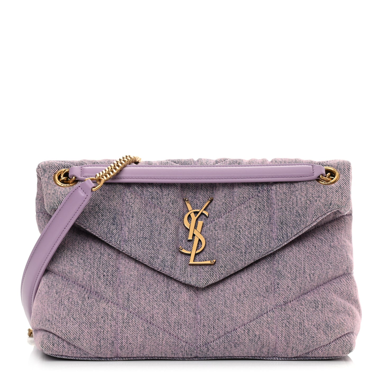 Denim Quilted Small Loulou Puffer Monogram Chain Satchel Bleached Lilac