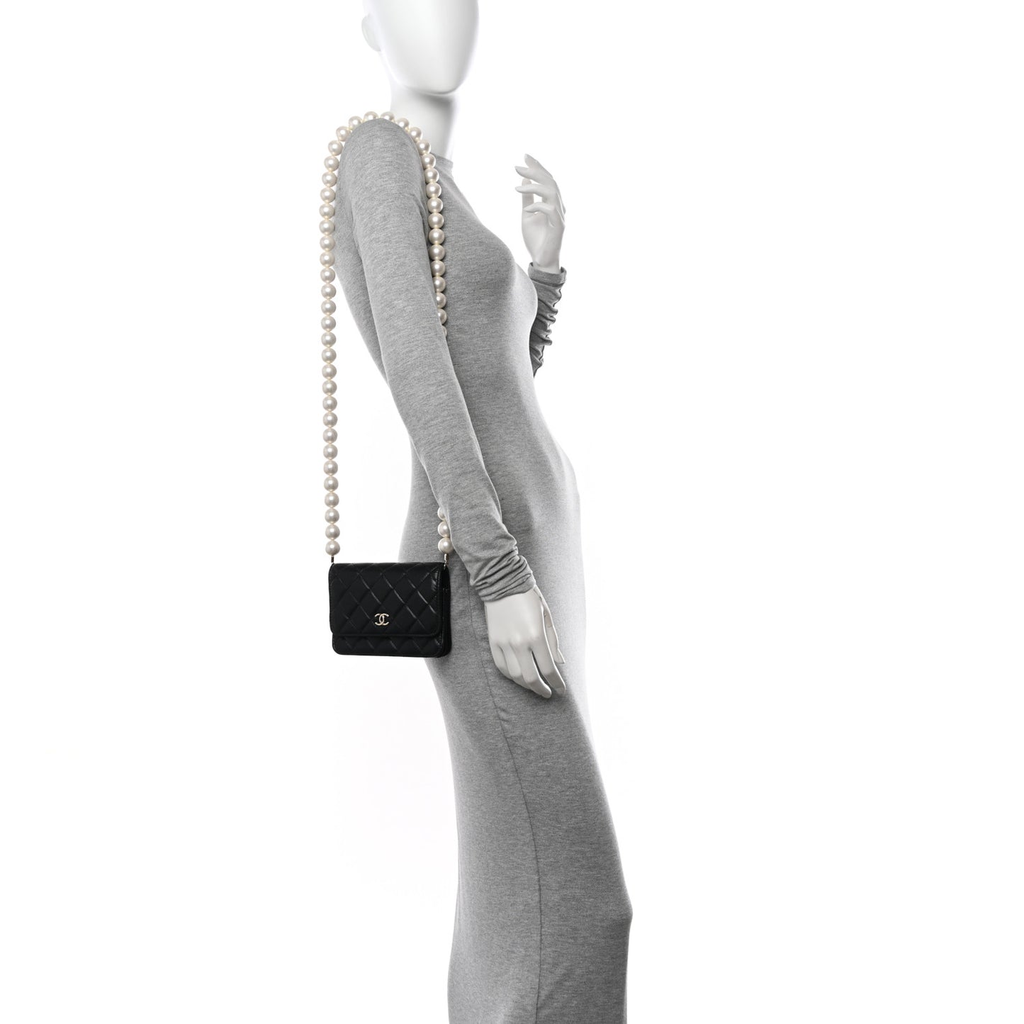 Calfskin Quilted Mini Maxi Pearls Wallet On Chain WOC Black