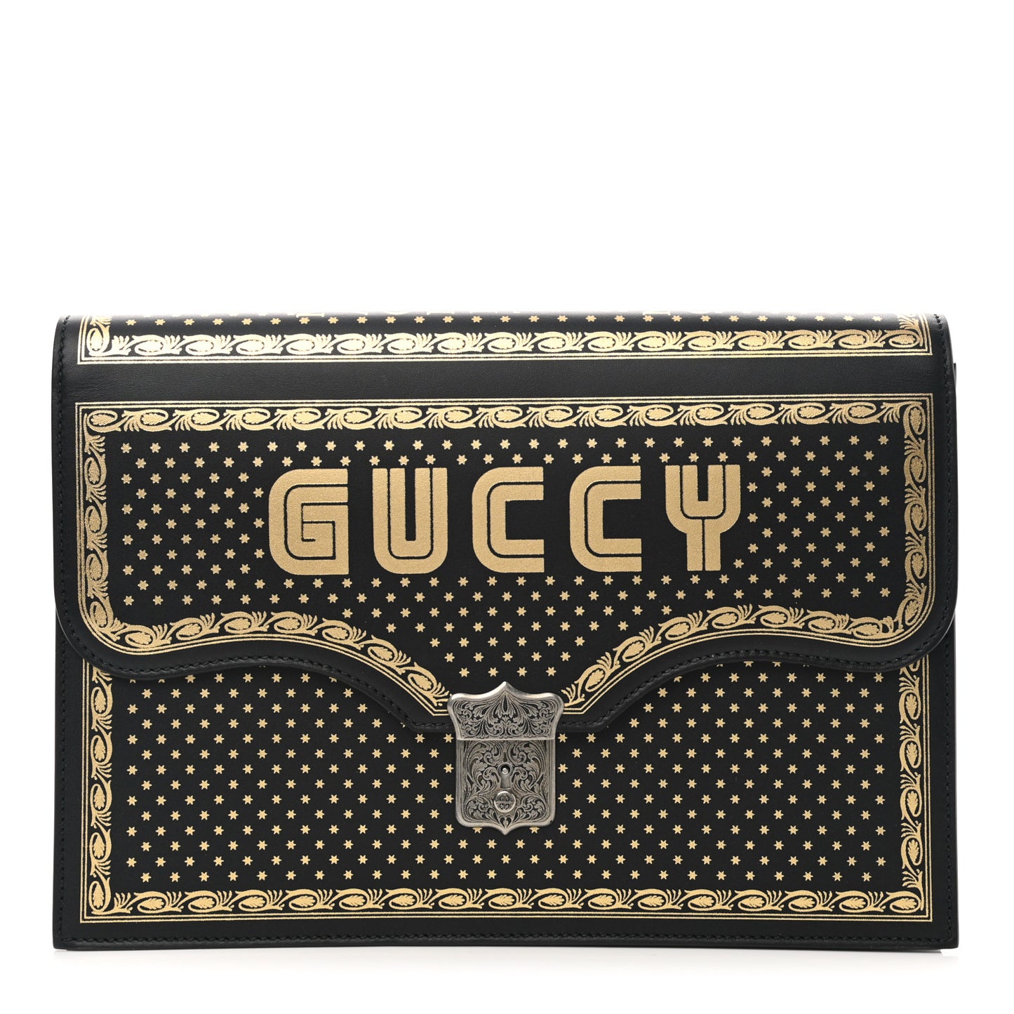 X SEGA Calfskin GUCCY Stars Portfolio Bag Black Gold