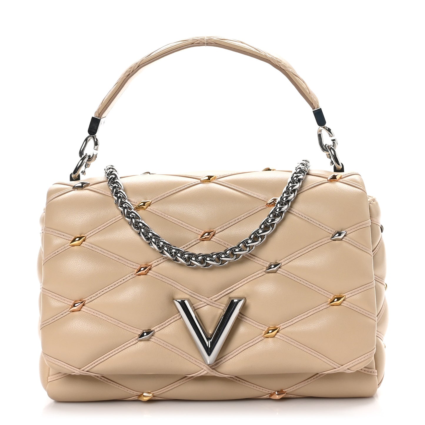 Lambskin Studded Malletage Top Handle GO-14 MM Beige