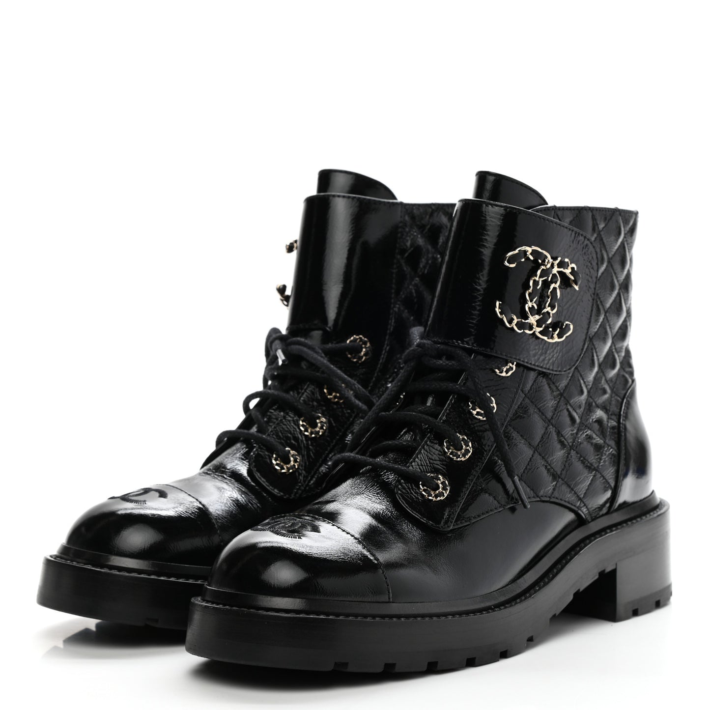 Shiny Calfskin Quilted Lace Up Combat Boots 40.5 Black