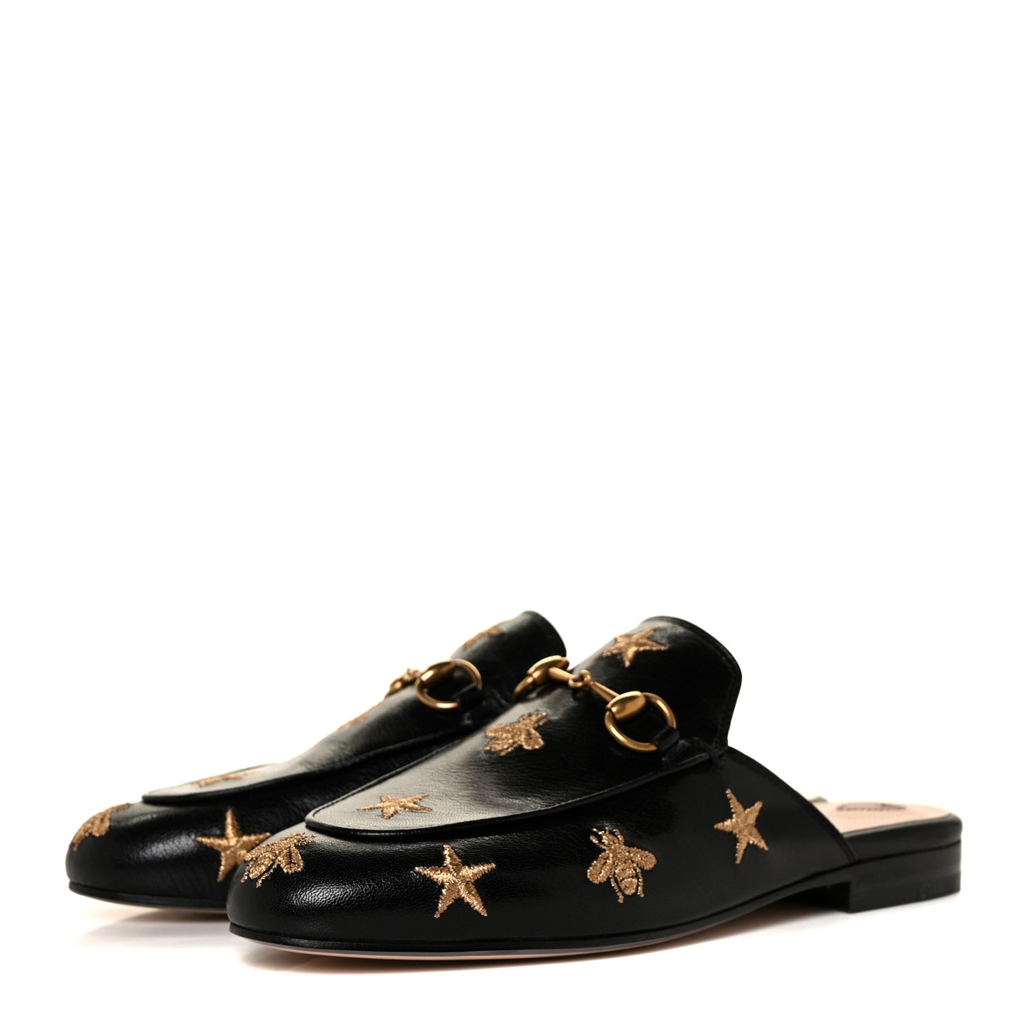 Goatskin Bee Star Embroidered Womens Princetown Slippers 35 Black