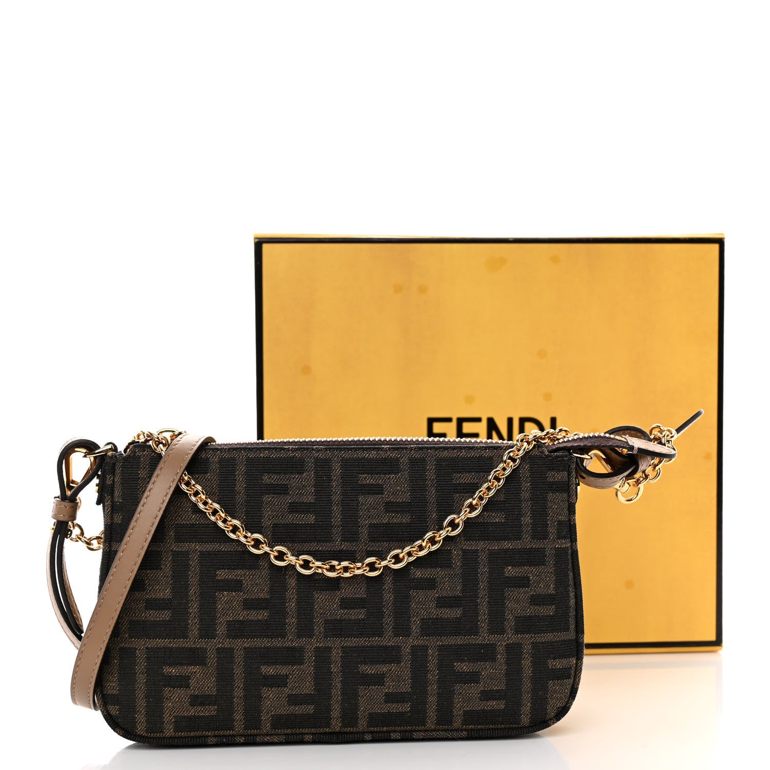Fendi Fabric Jacquard Vitello Grace FF 1974 Baguette Pouch Tobacco Moro Sand 10 of 10