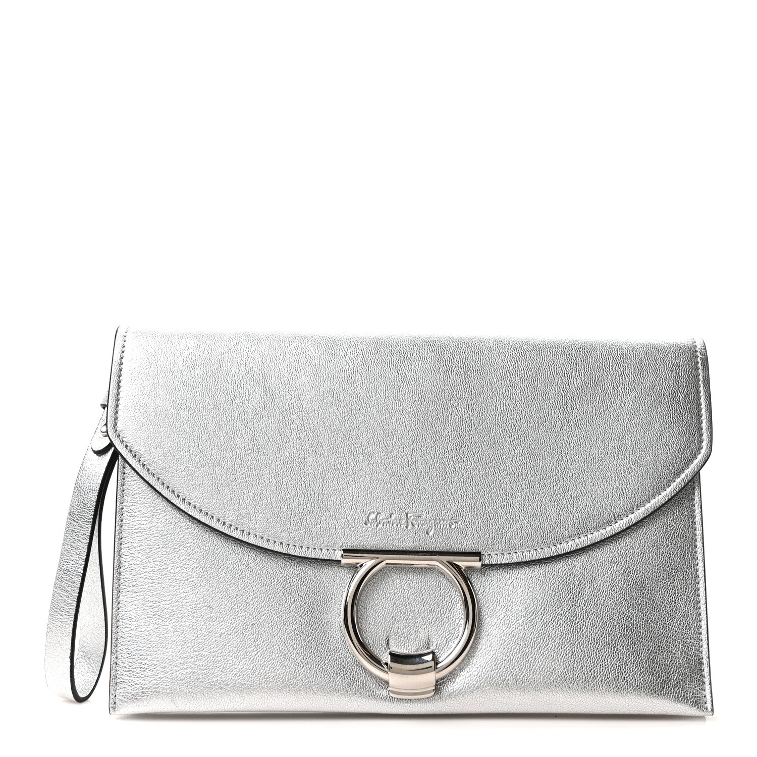 Salvatore Ferragamo Metallic Calfskin Gancini Clutch Silver