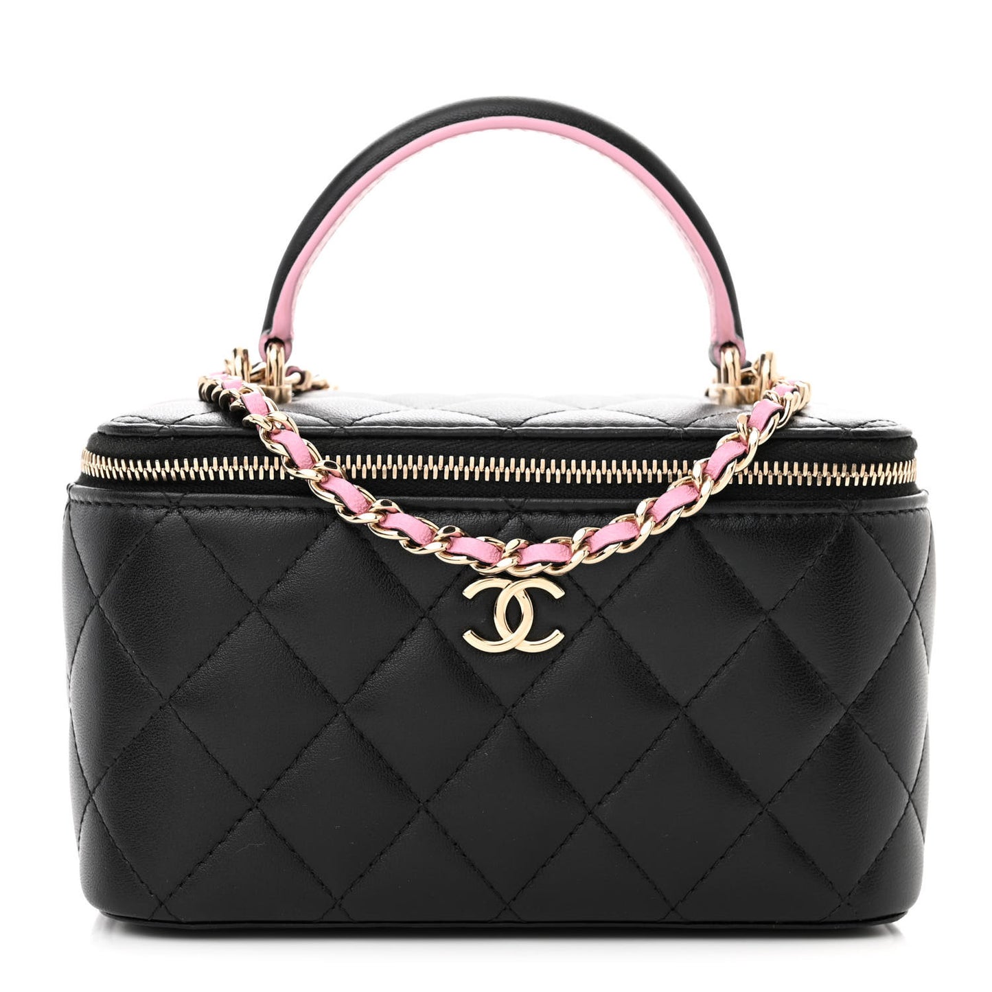 Lambskin Quilted Small Top Handle Vanity Case With Chain Black Lilac
