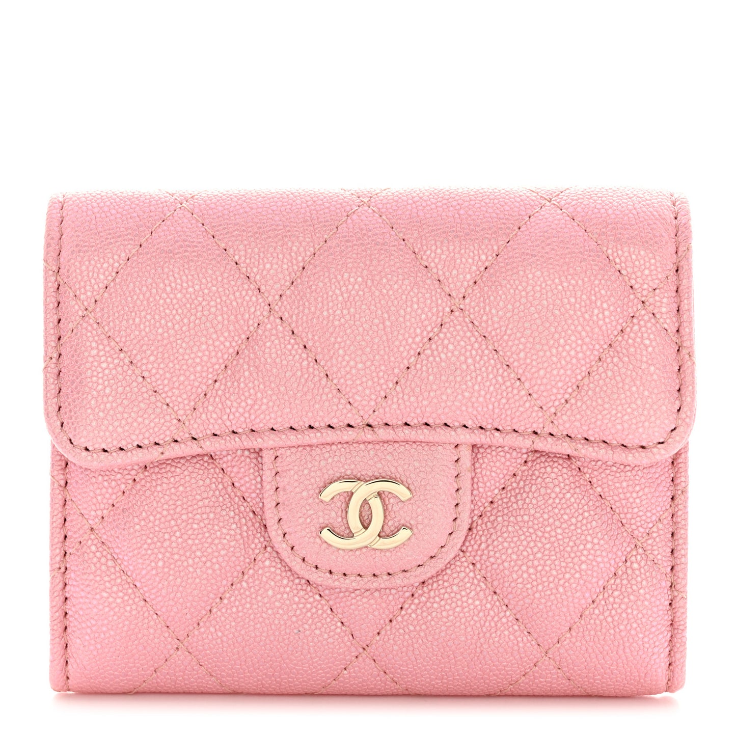 Iridescent Caviar Flap Quilted Card Holder Wallet Pink