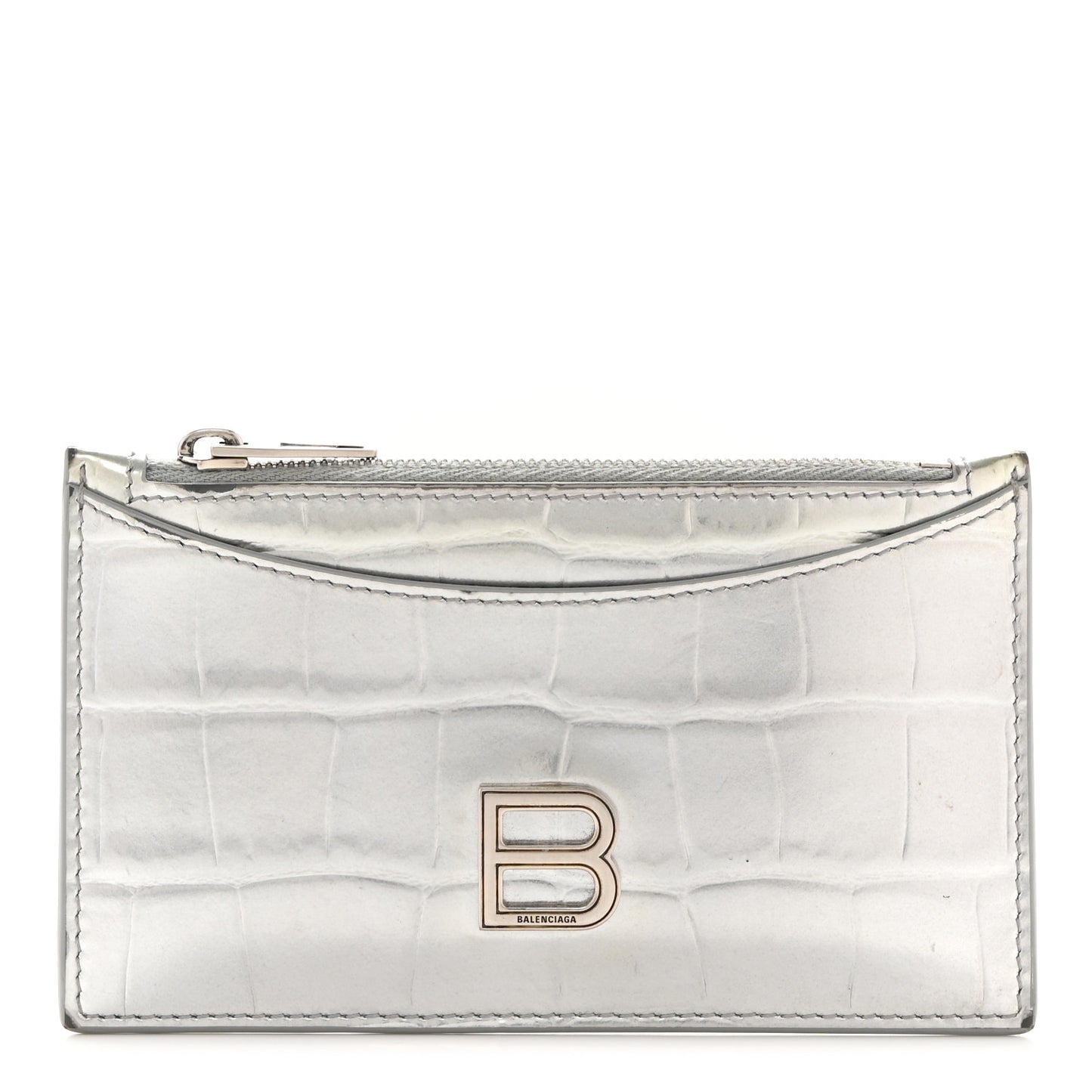 Metallic Calfskin Crocodile Embossed Hourglass Long Coin Case Card Holder Silver